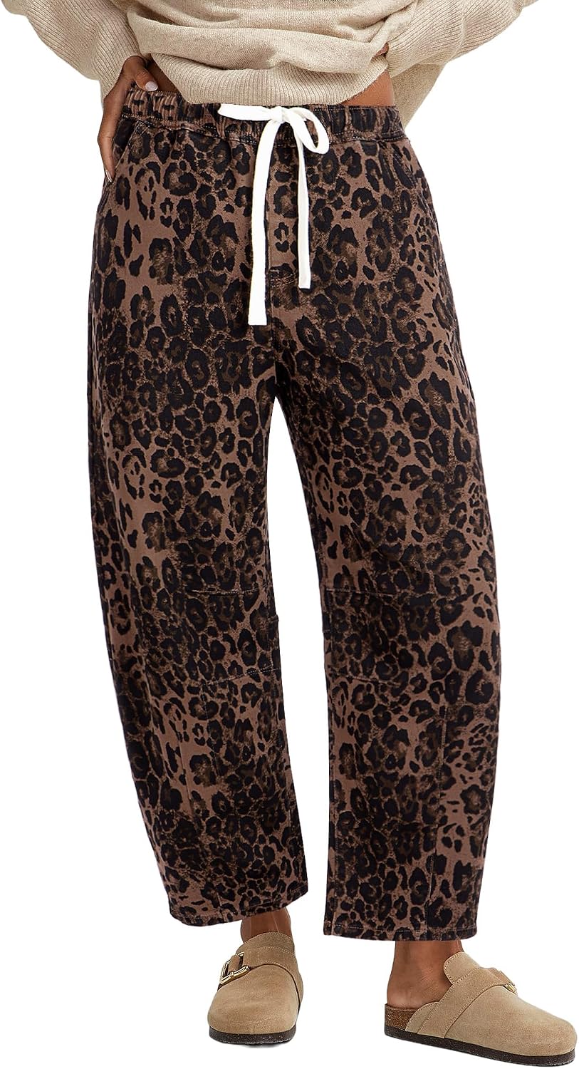Detalle de GRAPENT Barrel Jeans for Women: High-Waisted Pull-On Leopard Cropped Wide-Leg Denim