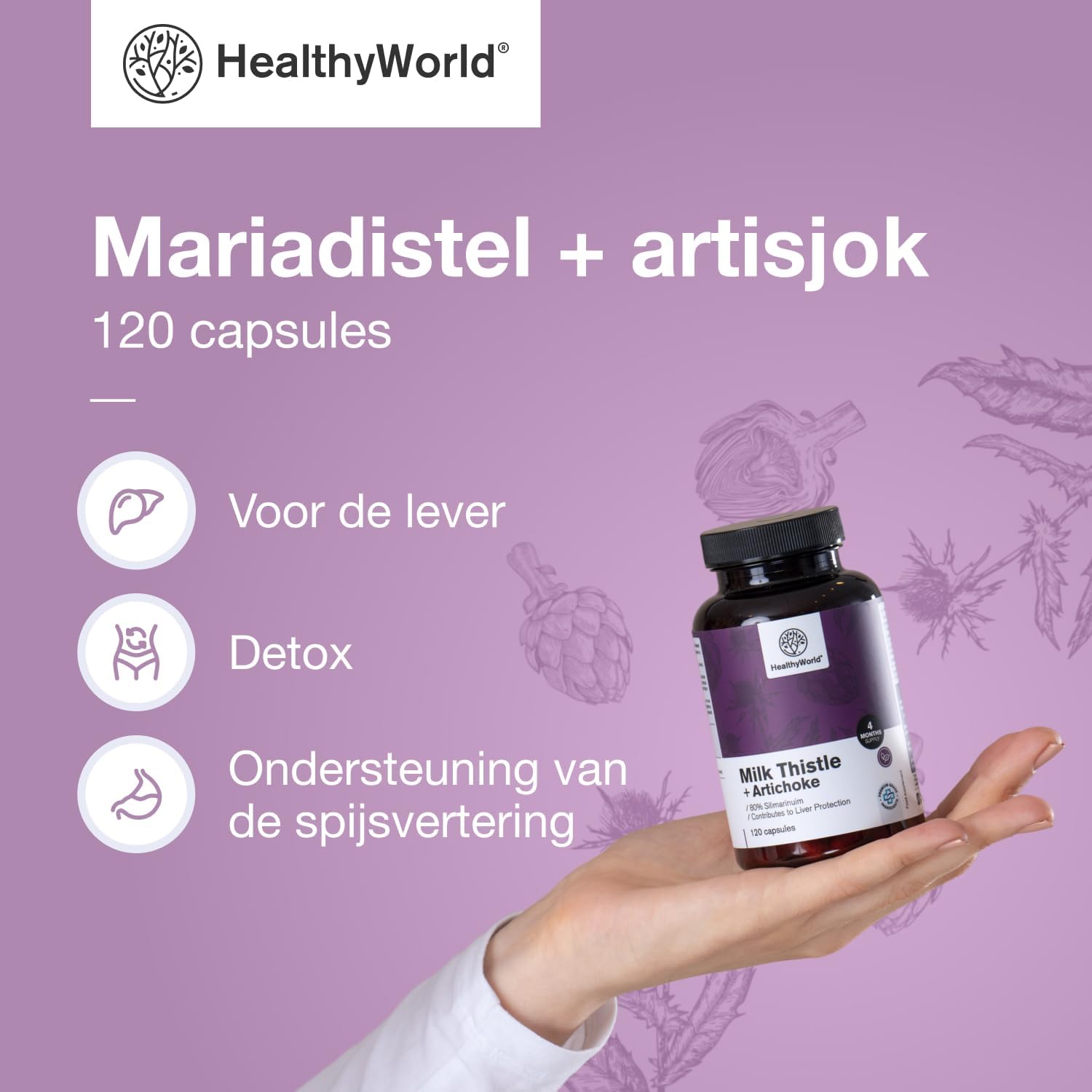 Thumbnail 1 de HealthyWorld Mariadistel + Artisjok, 120 capsules met 80% silymarine