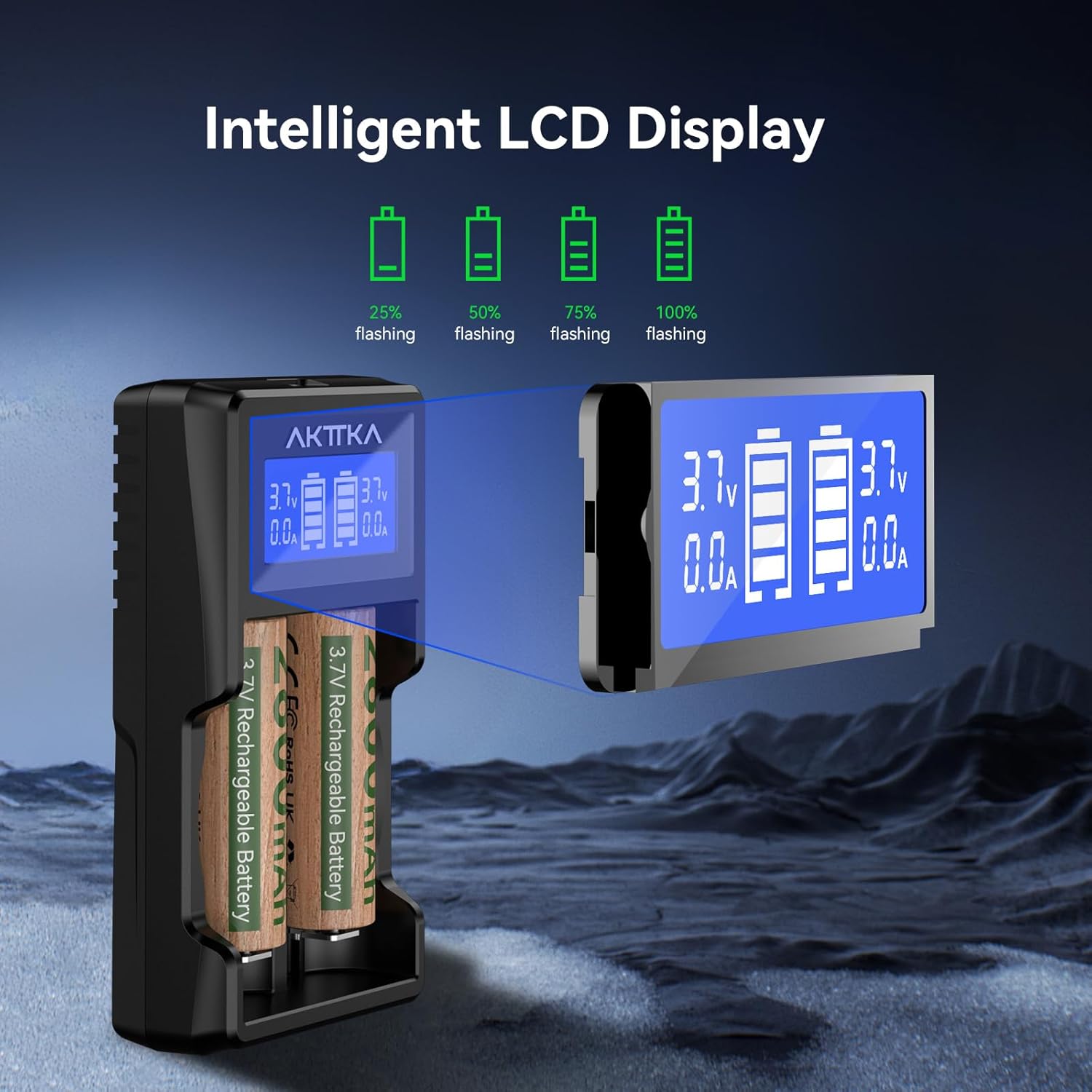 Thumbnail 3 de Set di 2 Batterie Li-ion 3,7V 2600mAh con Caricatore a 2 Slot e Display – per torce, lampade frontali e dispositivi a basso consumo