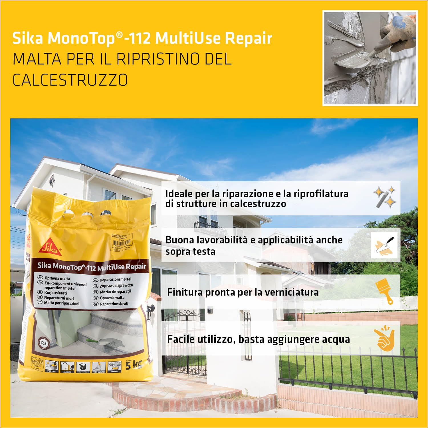 Thumbnail 3 de Sika Monotop 112 MultiUse Repair – Malta per ripristino calcestruzzo, 5 kg, pronta all'uso