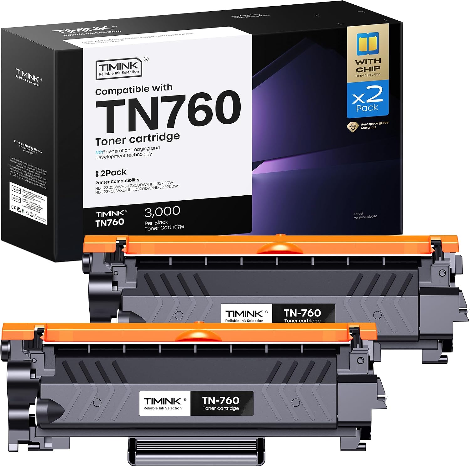Detalle de Timink TN760-2P Black Toner Cartridge 2-Pack with Chip, High Yield
