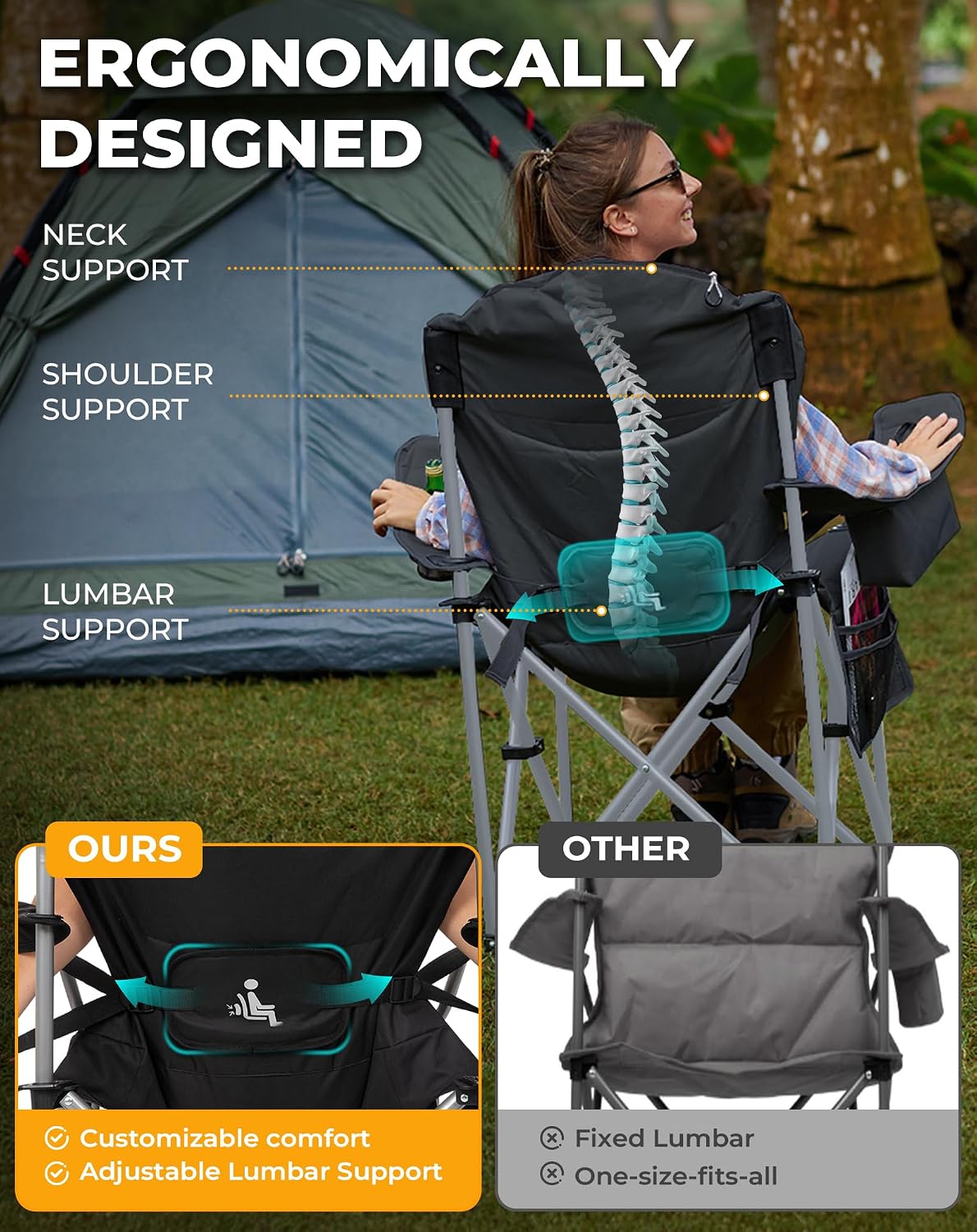 Thumbnail 3 de KingCamp XXL Heavy Duty Folding Camping Chair with Adjustable Lumbar Support