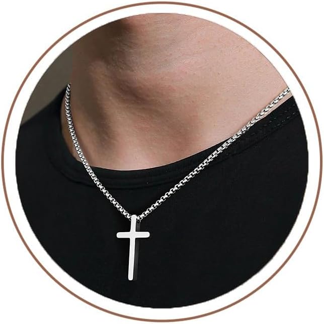 Detalle de TINGN Kreuz Halskette für Herren & Jungen aus Edelstahl – schlichtes Taufkreuz in Silberfarben (16–24")