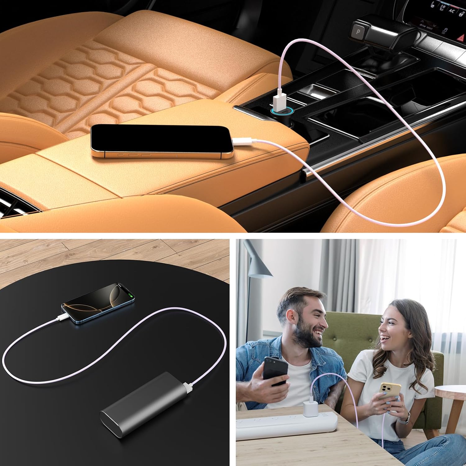 Thumbnail 6 de Car CarPlay Cable for iPhone 16/15 (3 Pack) – 2m USB-A to USB-C Woven Car Charger Cord, Purple