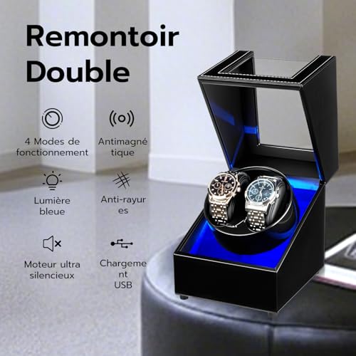 Detalle 2 de Mcbazel Double Remontoir de Montre – Boîte à Montre à Double Position en Cuir PU, USB et LED bleue, 5 Modes