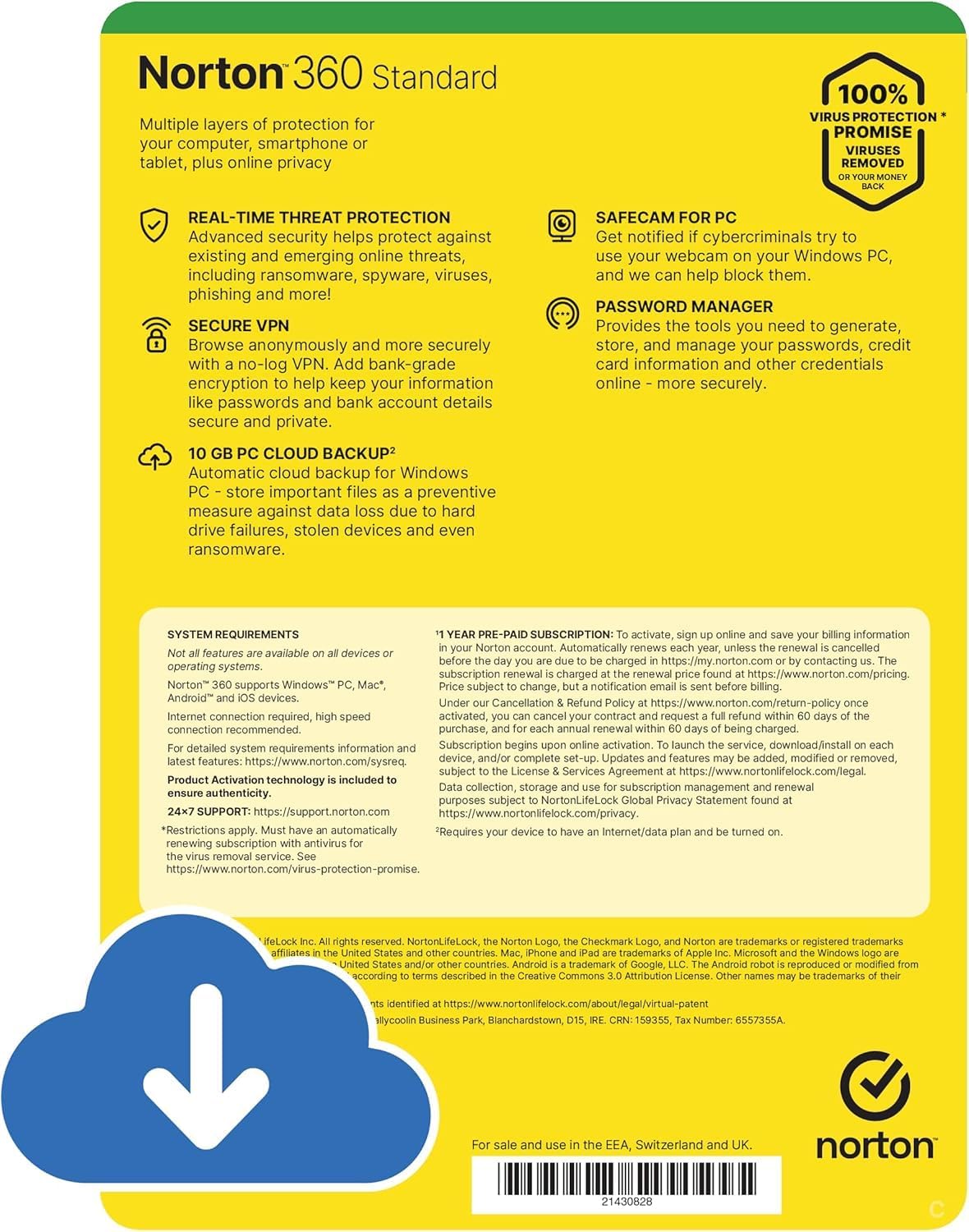 Detalle de Norton 360 Standard 2026: balanced antivirus with VPN and Password Manager for a single device