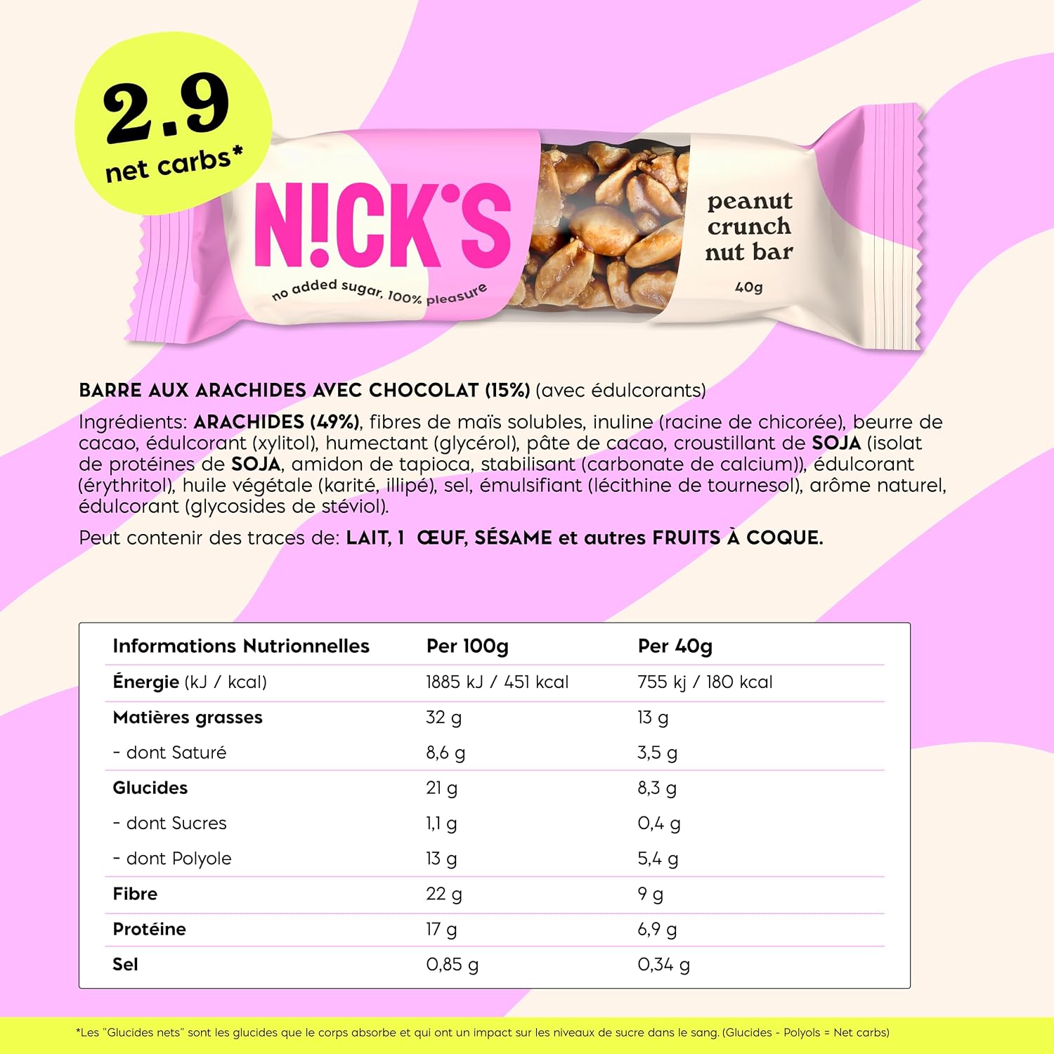 Detalle 2 de NICKS Keto Barre chocolat et cacahuètes 12×40g 🍫