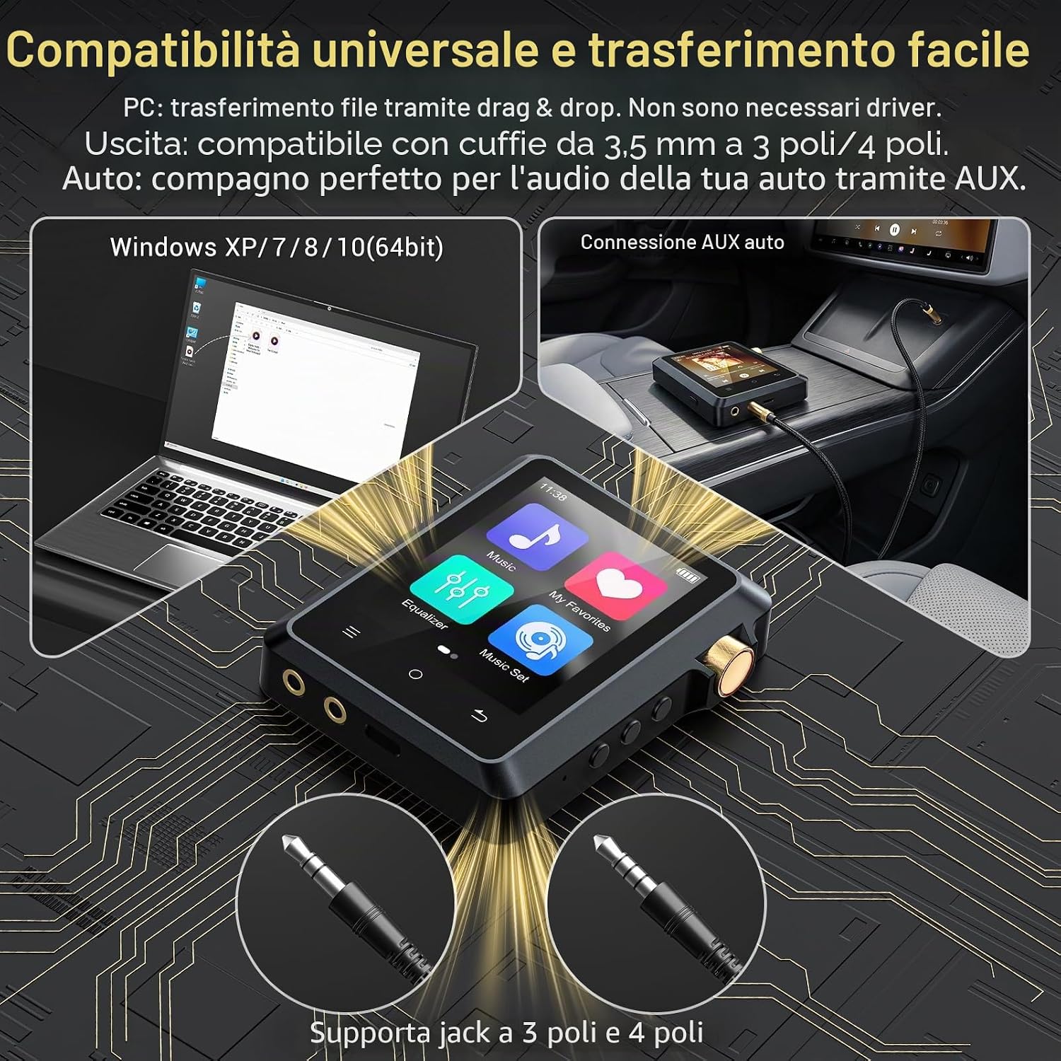Detalle 2 de AGXOV 64GB Hi-Res Lettore MP3 con Bluetooth 5.3: qualità audio, design in lega e display touch 2,8