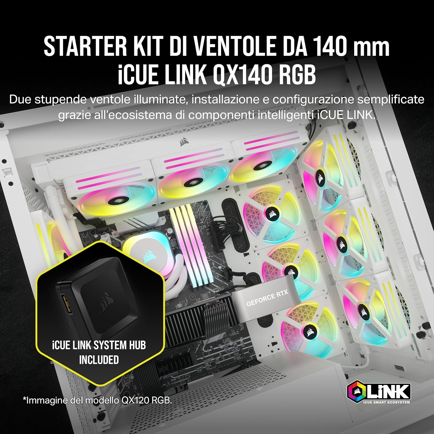 Thumbnail 1 de CORSAIR iCUE LINK QX140 RGB 140 mm Cupola Magnetica – Doppio Ventole Starter Kit con Hub iCUE LINK, bianco