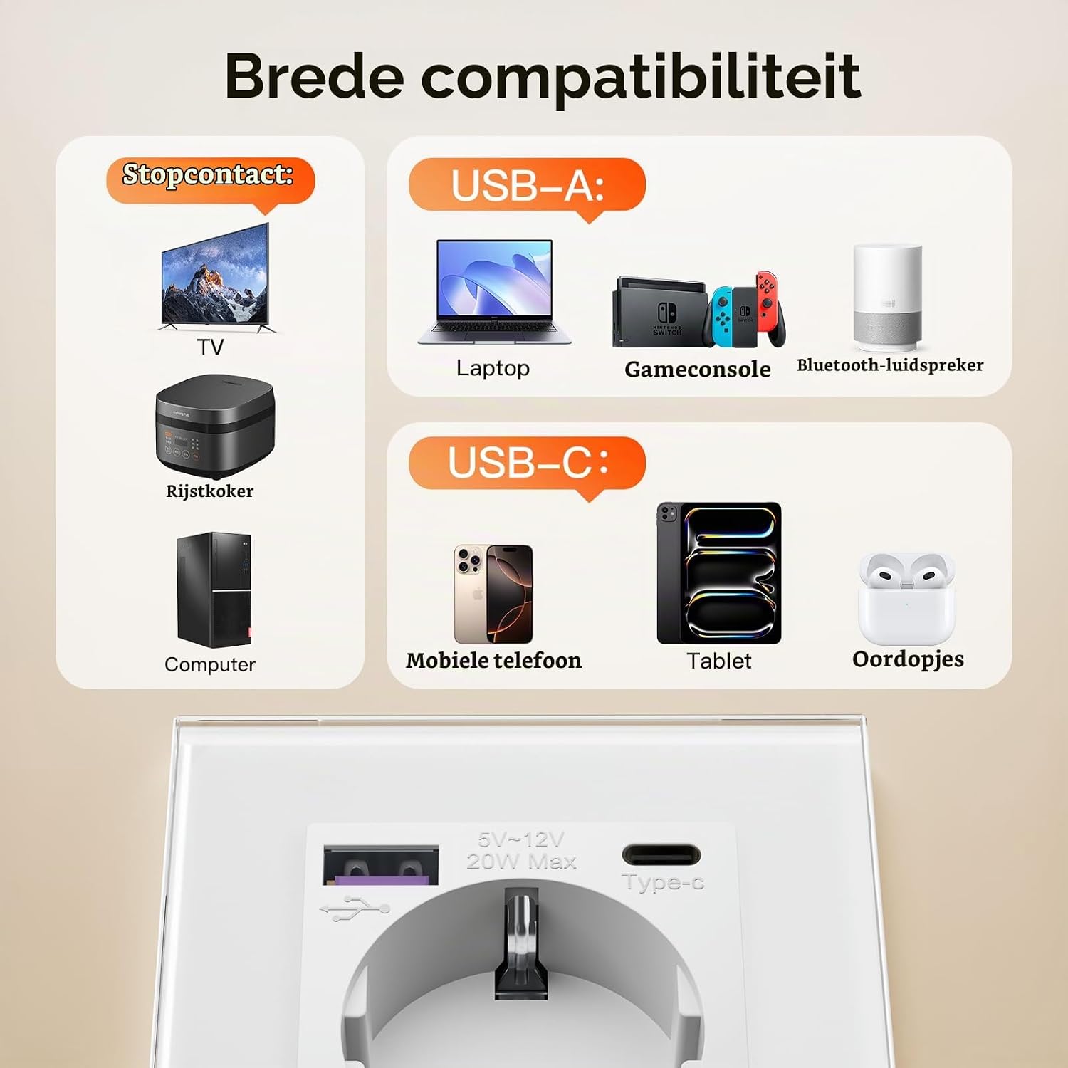 Detalle de BSEED FK86EUSK1PDAC1W Schuko-stopcontact met USB-C 20 W en glazen paneel