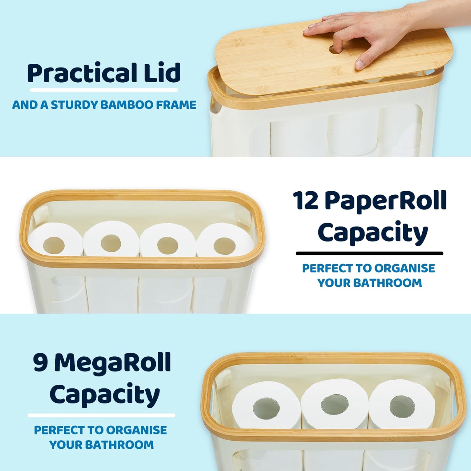 Detalle 2 de ROSOS Toilet Paper Storage for 12 Rolls with Bamboo Lid 🧻
