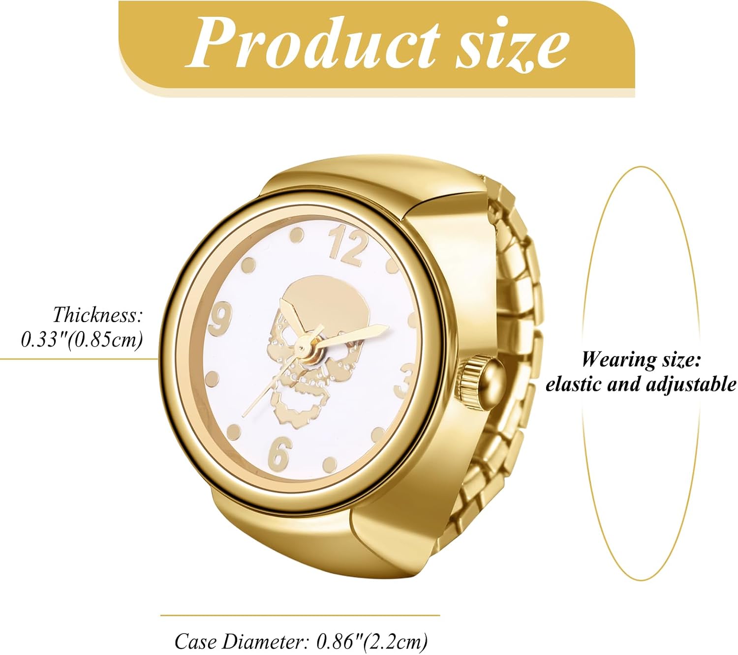Detalle de JewelryWe Ringuhr Damen Elastische Fingeruhr – Gold, Totenkopf-Design, Quarzwerk