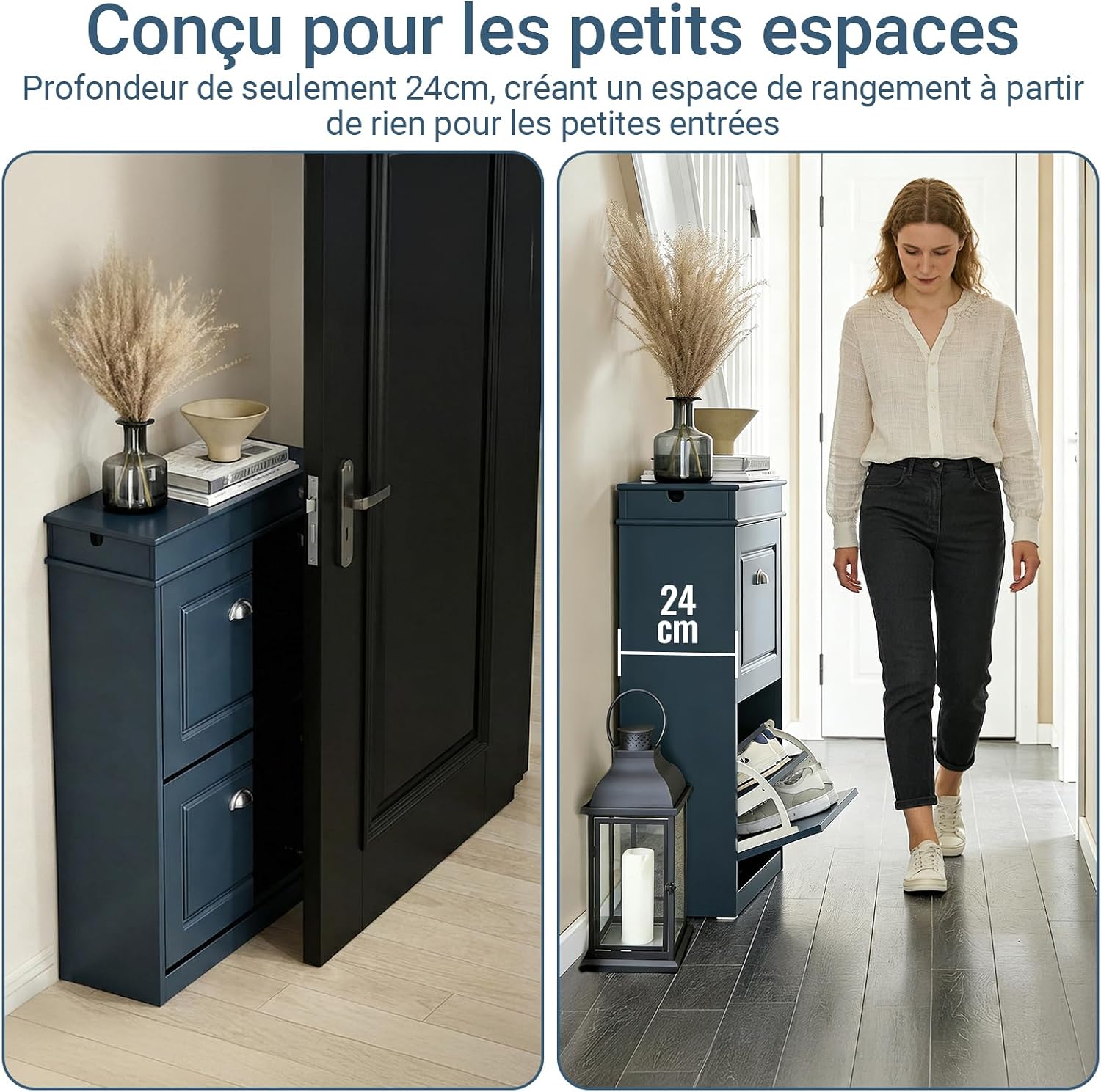 Detalle de SoBuy Meuble à chaussures bleu mat avec tiroir, 2 abattants et crochets latéraux FSR78-B