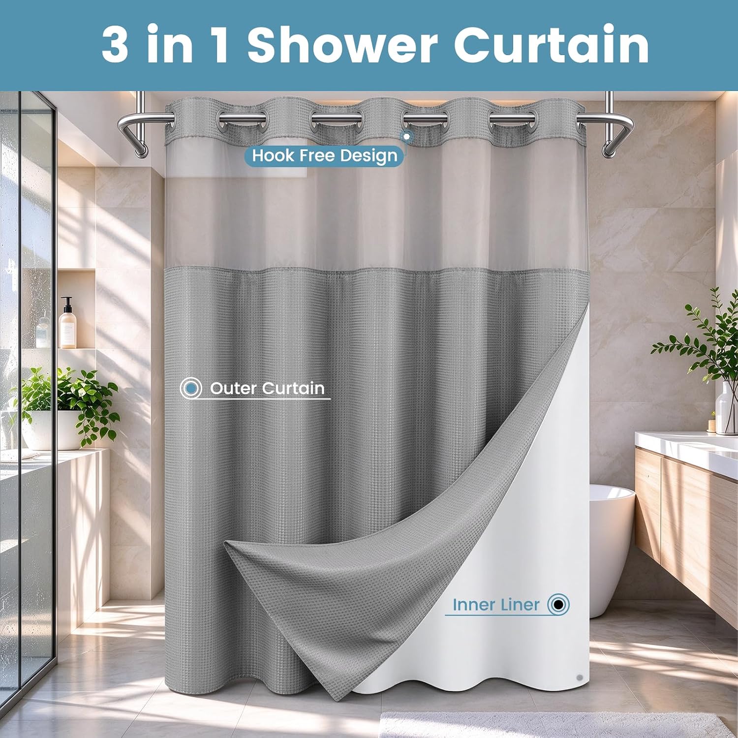 Detalle 1 de SORTTO Ringless Waffle Shower Curtain, 71 x 74 in, Gray with Snap-In Liner