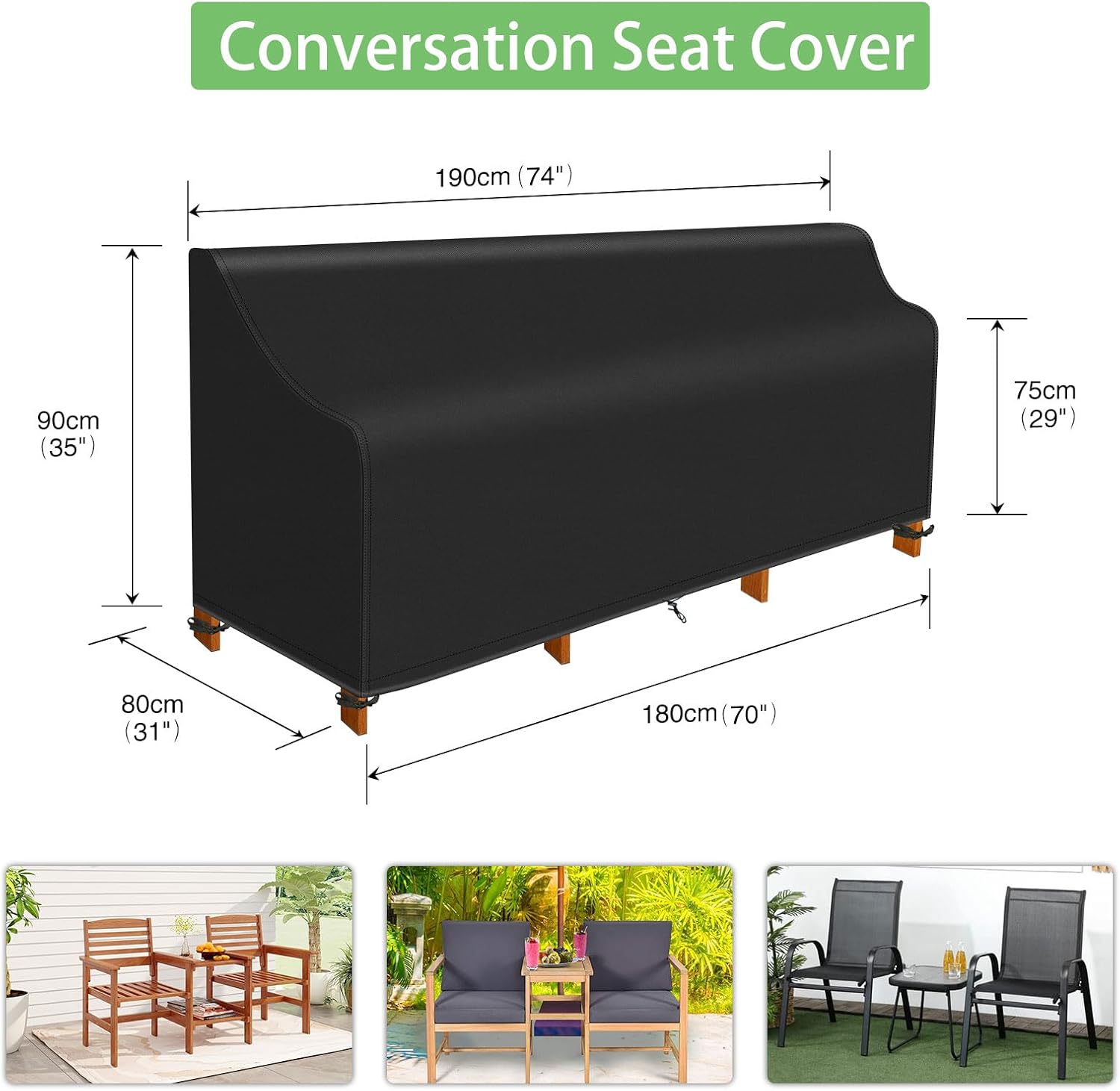 Thumbnail 1 de PATIO PLUS Patio Loveseat Cover (420D Oxford, waterproof & windproof) L180/190cm x W80cm x H75/90cm in black