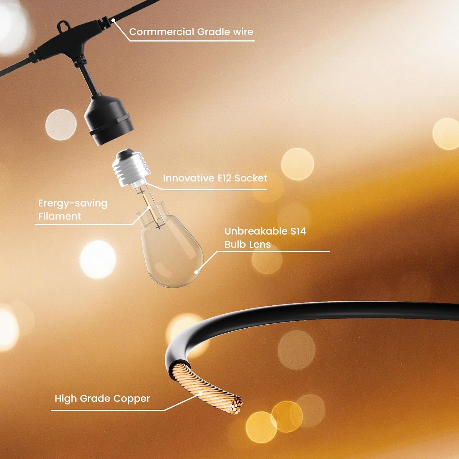 Detalle 2 de Yuucio S14 100FT Catena Luminosa Esterno IP65 con 32 Lampadine S14 da 1W – Luce Bianca Calda 2700K