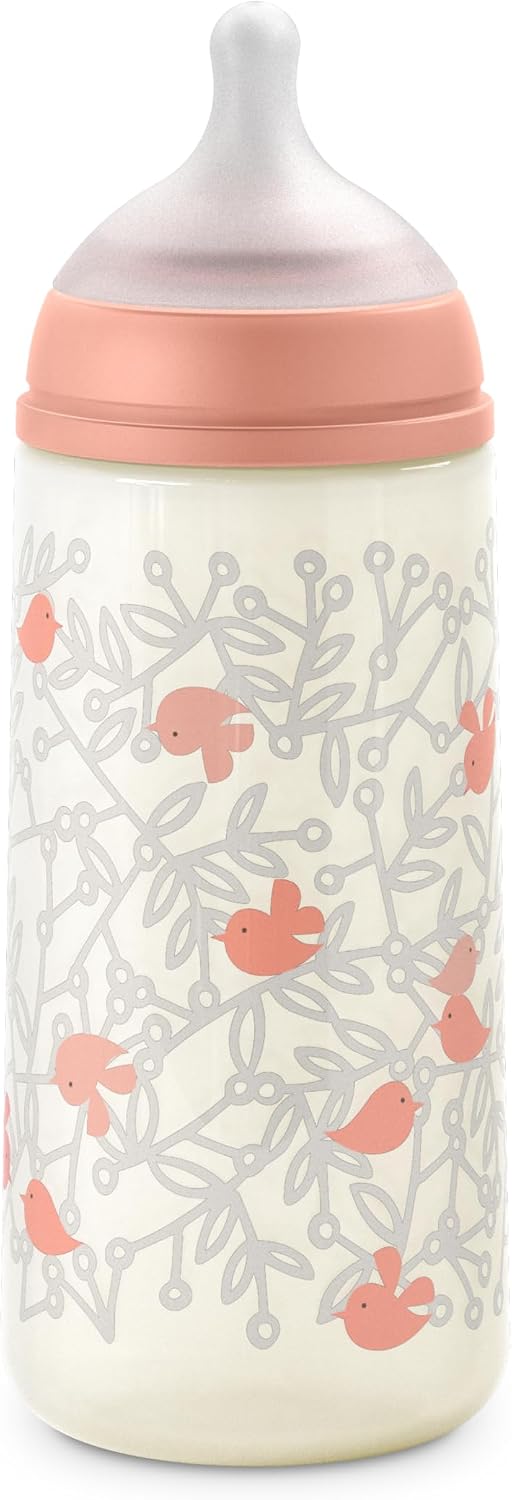 Suavinex Birdies Biberon 360 ml Flusso L – anticoliche, tettarella SX Pro in silicone per pappe liquide (6+ mesi) – Rosa