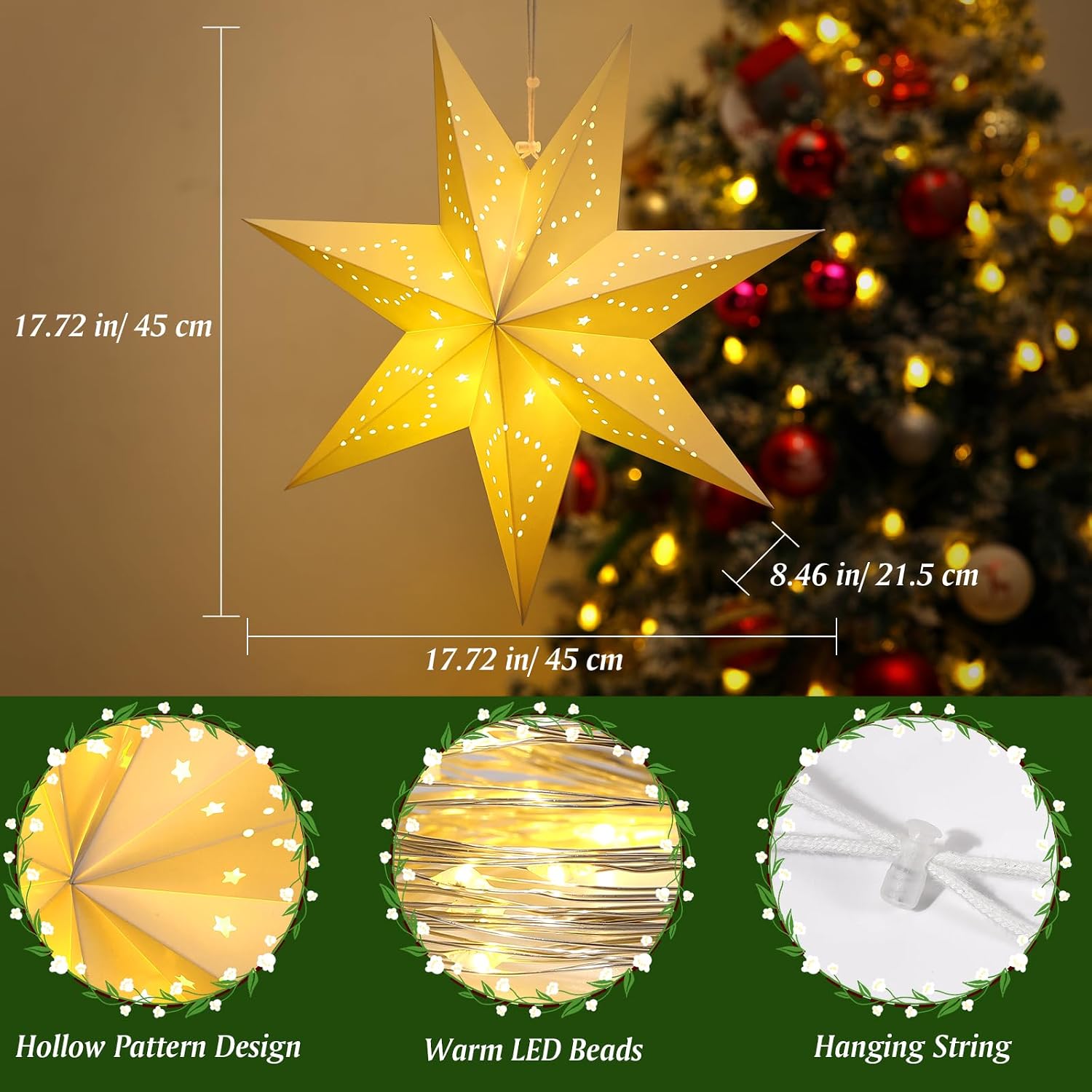 Detalle de Lewondr P723314210742 Christmas Paper Star Lantern 3-Pack with Remote