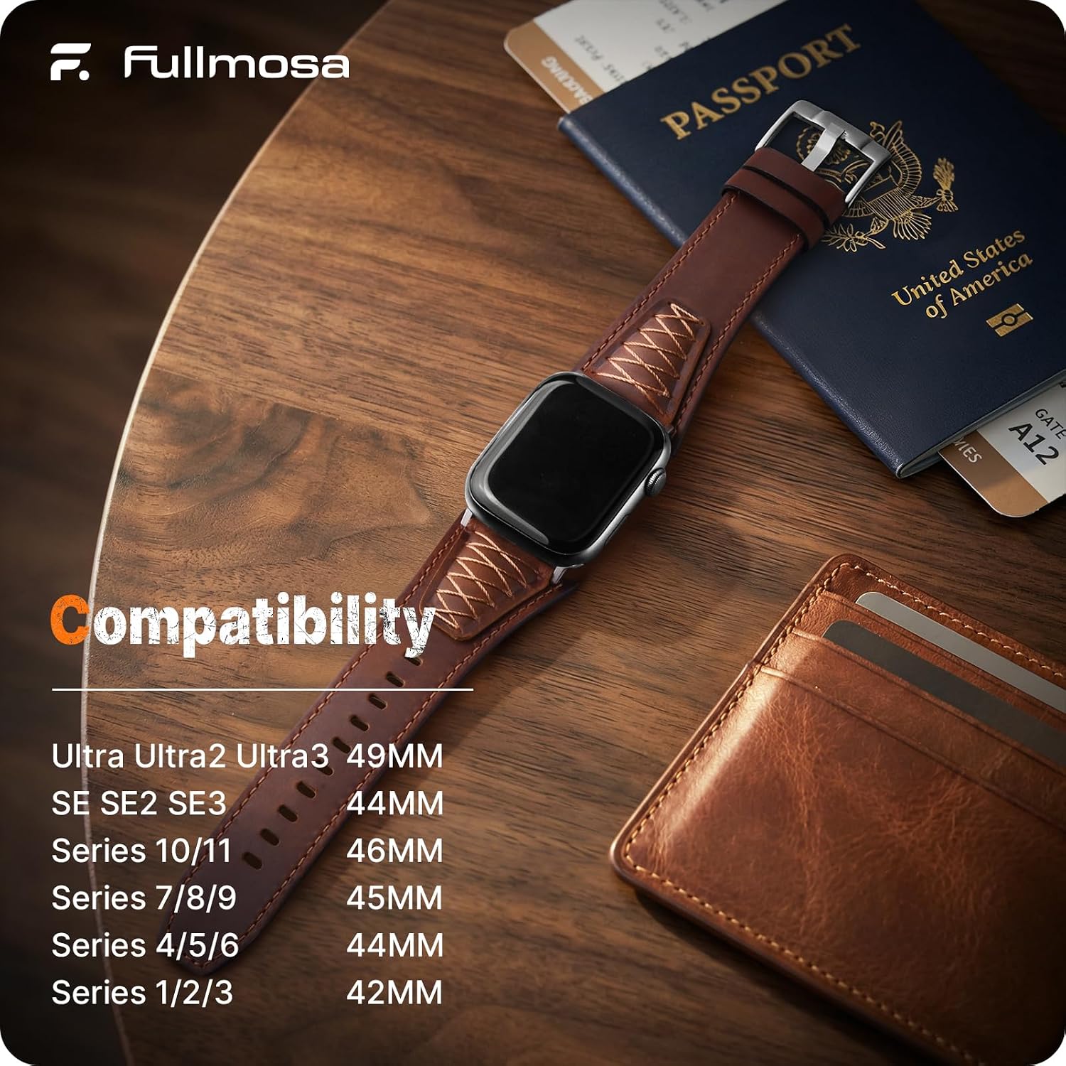Detalle de Fullmosa Leather Strap for Apple Watch Ultra 3/2 & Series 11–1: Dark Brown