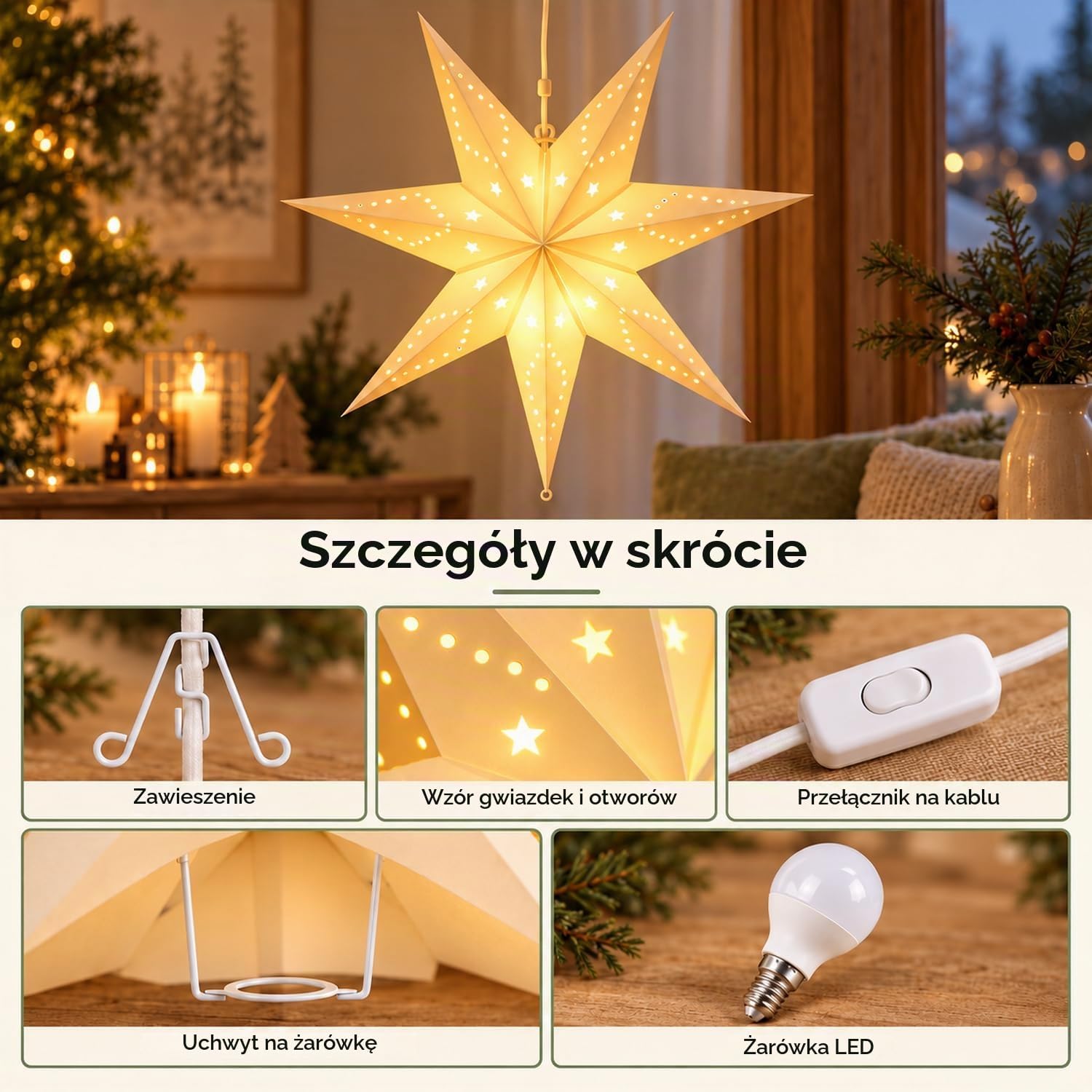 Detalle 2 de SALCAR 921066 papierowa gwiazda LED 75 cm, E14, ciepła biel