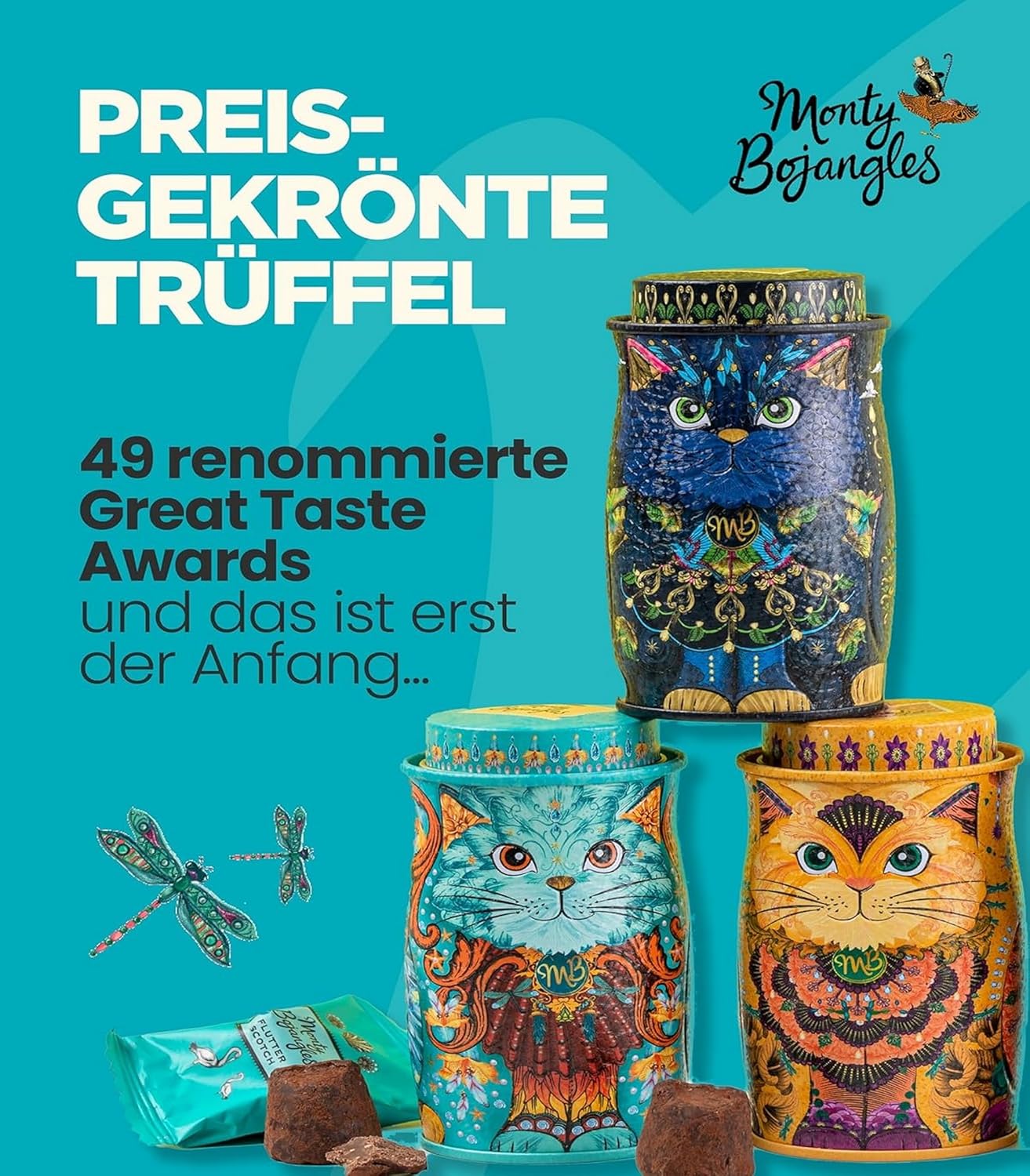 Detalle de Monty Bojangles Kit-Tins Schokoladentrüffel – Vier feine Sorten in Katzen-Design