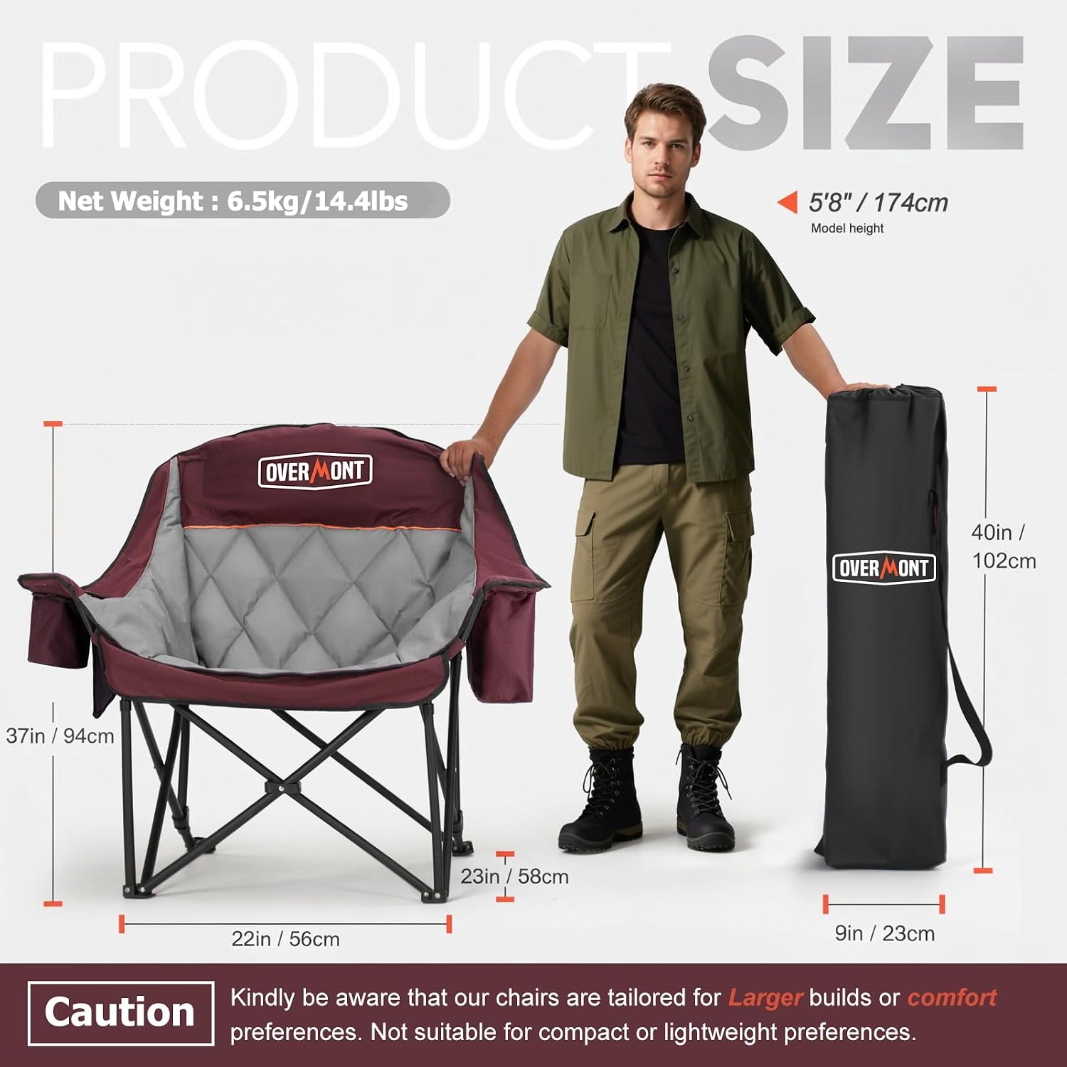 Detalle de Overmont CampCouch-red Oversized Camping Chair, Padded, 500 lb Support