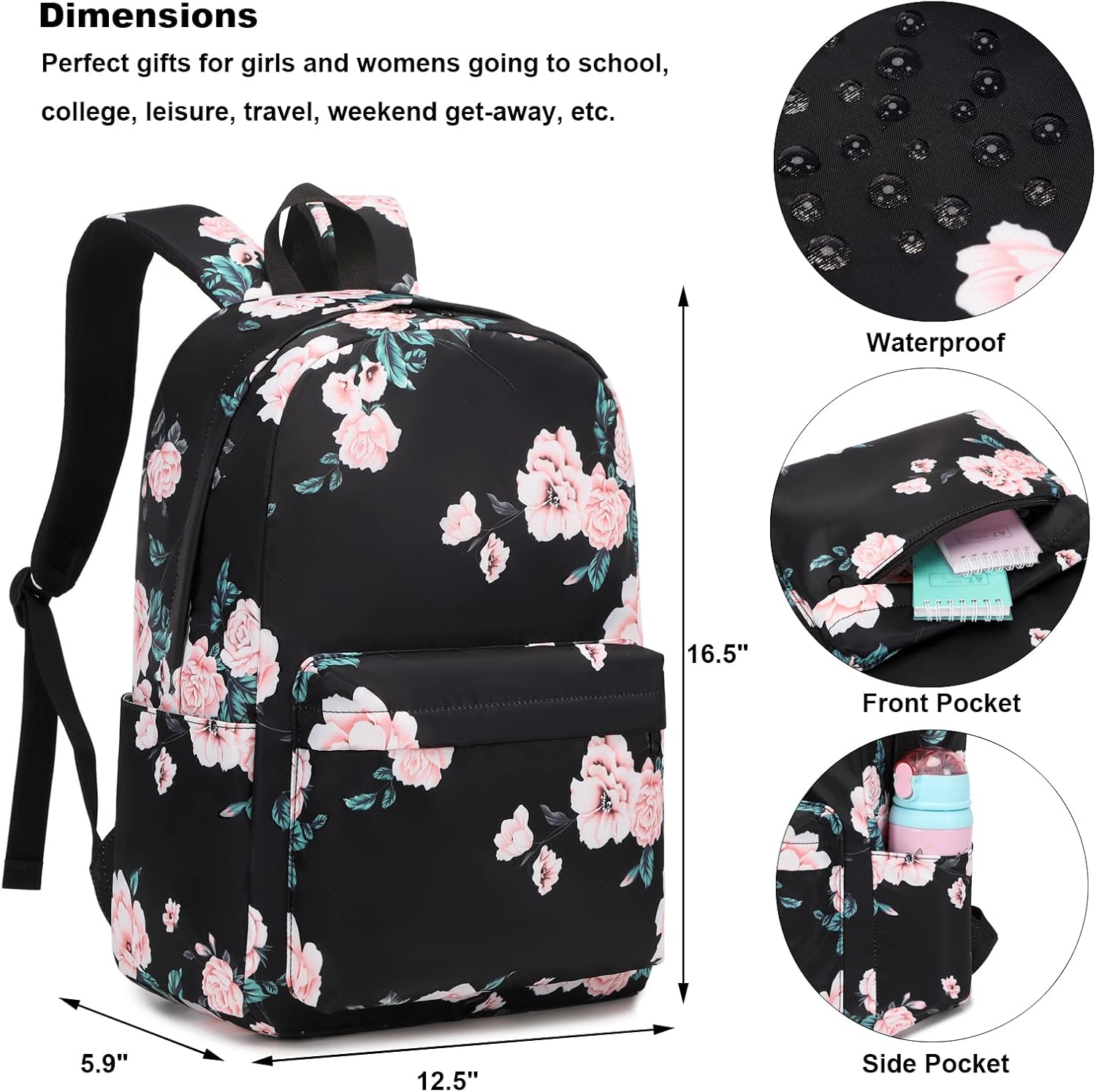 Detalle de Floral School Backpack, Waterproof Polyester, Fits a 15.6-inch Laptop