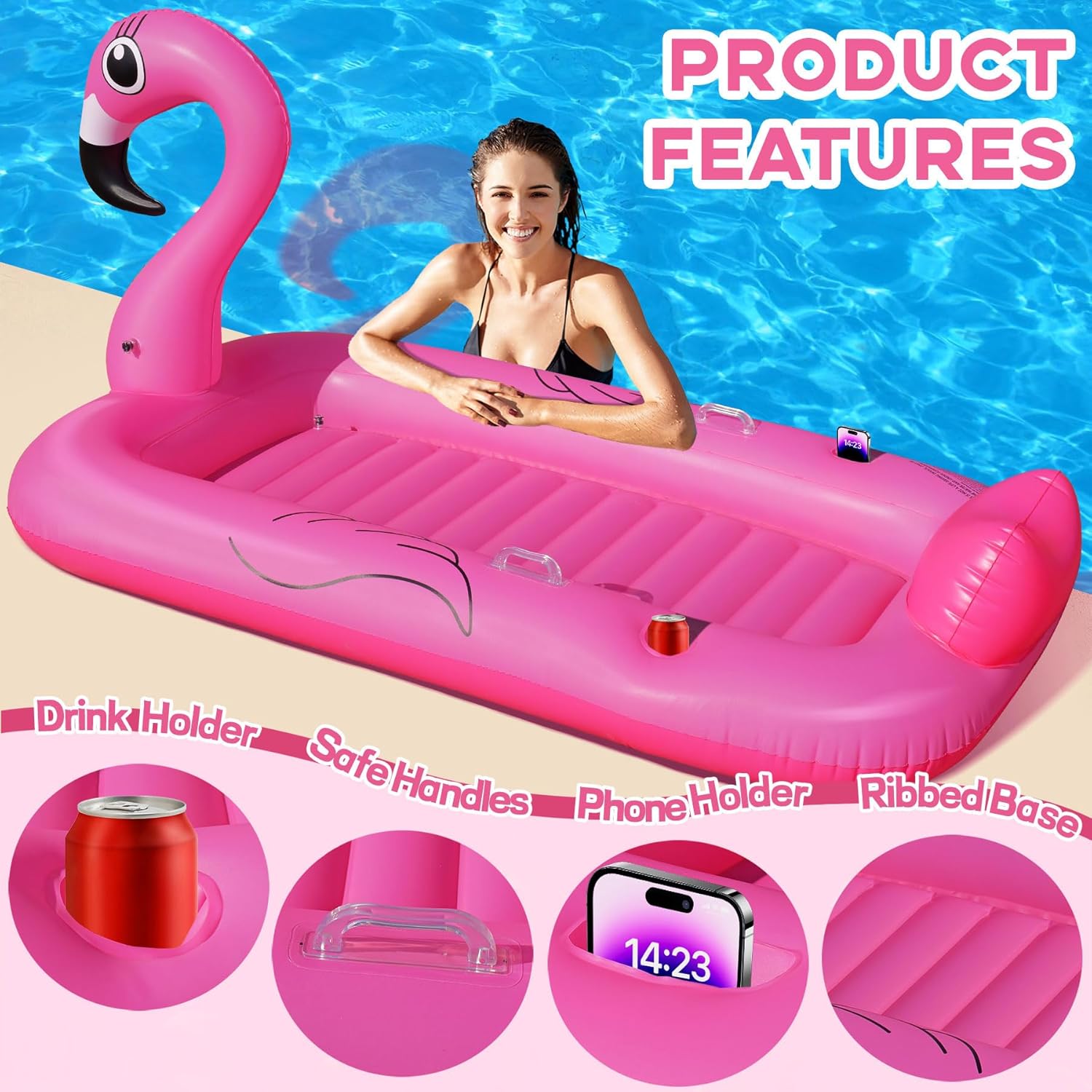 Thumbnail 2 de DeeprBling Flamingo Luftmatratze – Große Poolmatratze mit Getränkehalter, Telefonhalter & Griffe