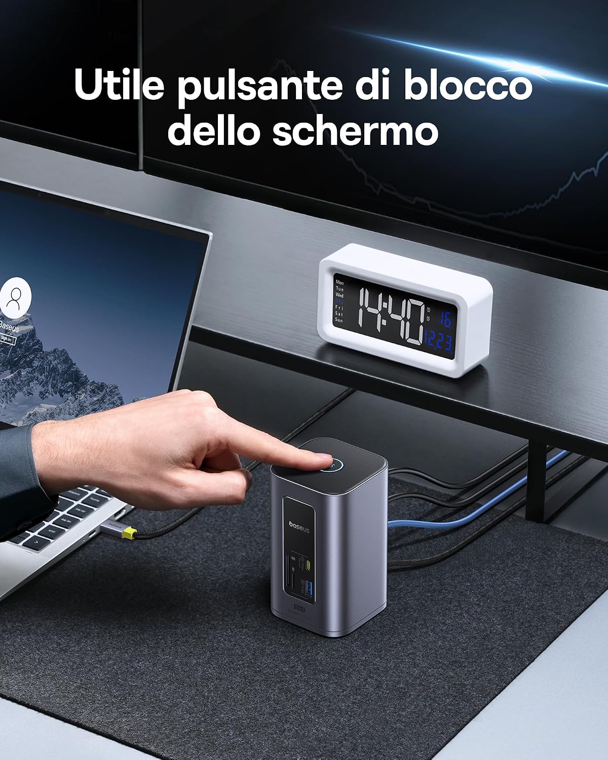 Detalle de Baseus Nomos Air 12 in 1 Docking Station: doppio 4K, ricarica 100W e connettività completa per laptop HP/Lenovo/Dell/Acer
