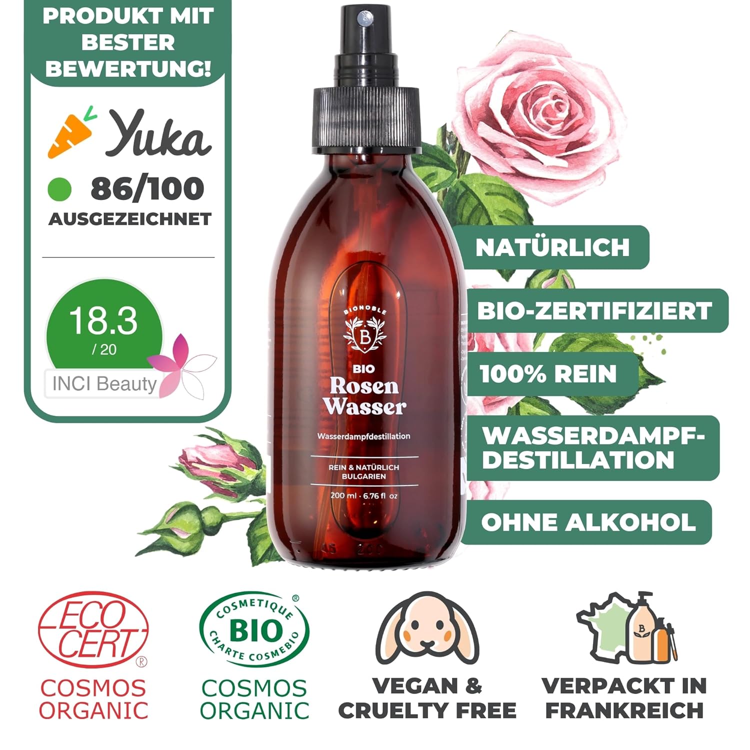 Thumbnail 1 de BIONOBLE Rosenwasser Bio – 200 ml, zur vitalisierenden Pflege von Gesicht und Haaren