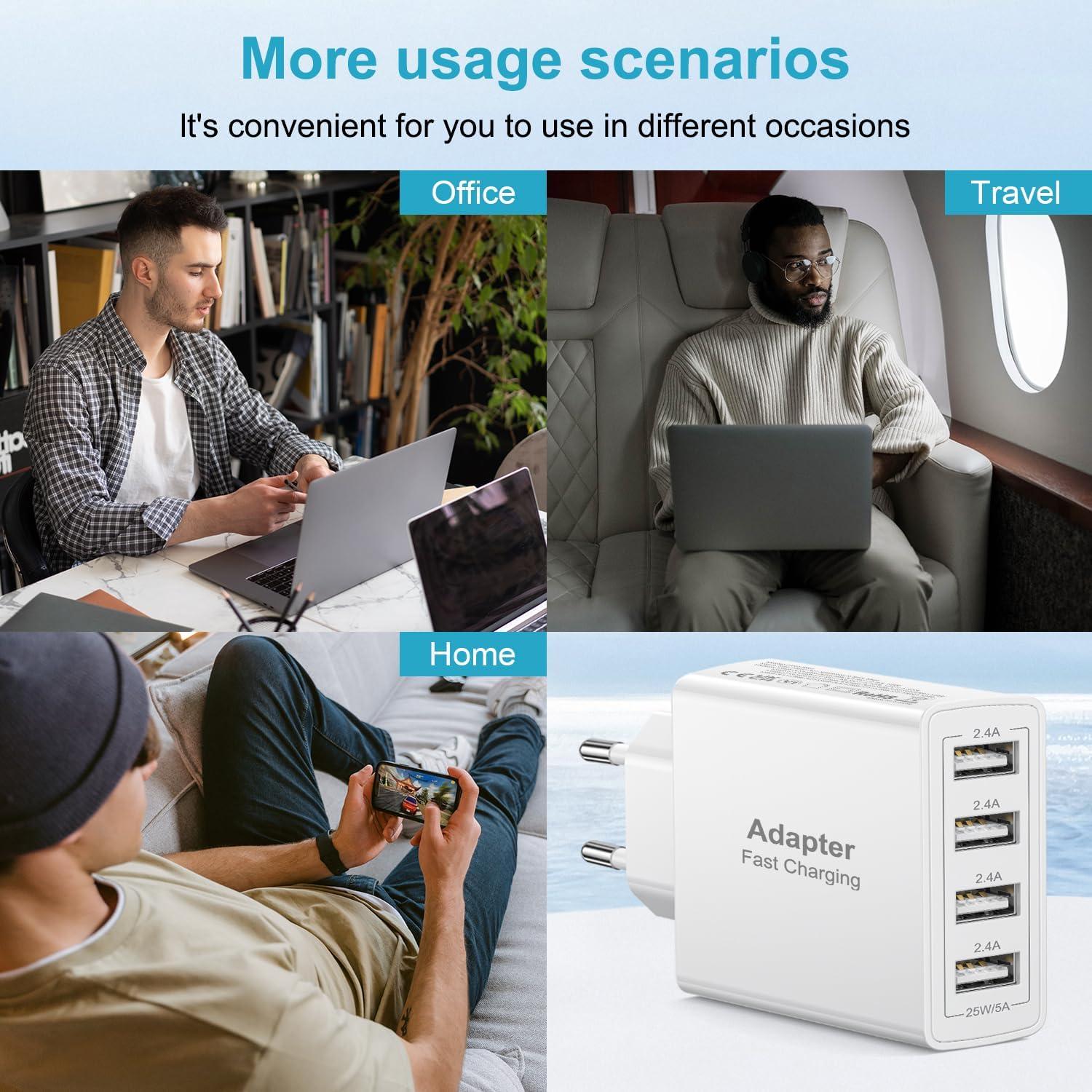 Thumbnail 6 de Chargeur USB multiple 2 packs : adaptateur secteur 4 ports 25 W pour recharger jusqu’à 4 appareils