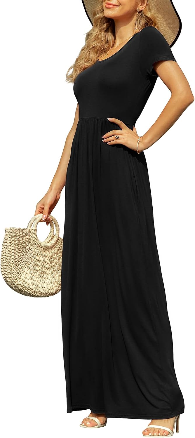 Detalle 2 de DB MOON Women’s 2026 Summer Maxi Dress with Pockets — Empire Waist, Short Sleeves, Casual Long Beach Maxi
