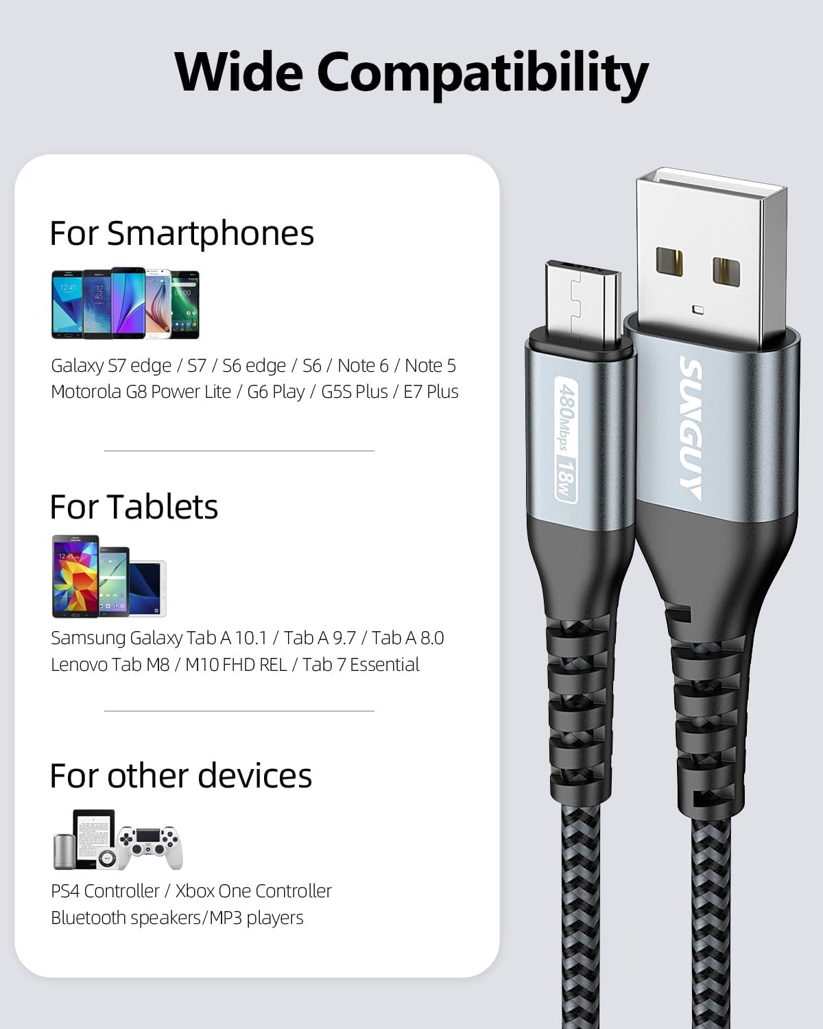 Thumbnail 5 de SUNGUY Pack de 3 câbles micro-USB courts 1FT/0,3 m pour charge et synchronisation