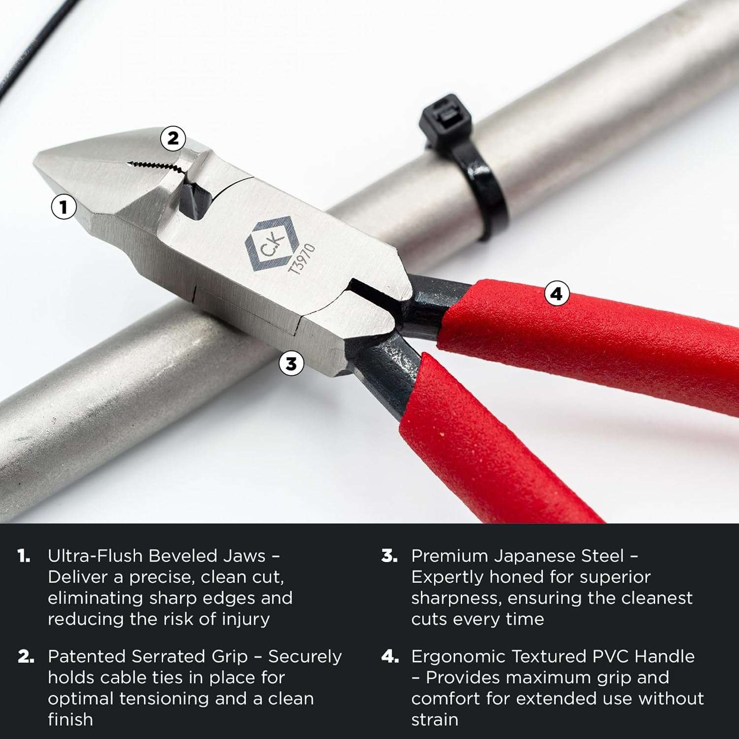 Detalle de CK Tools Cable Tie Installation Cutter T3970: Flush-Cut Pliers with Patent Grip