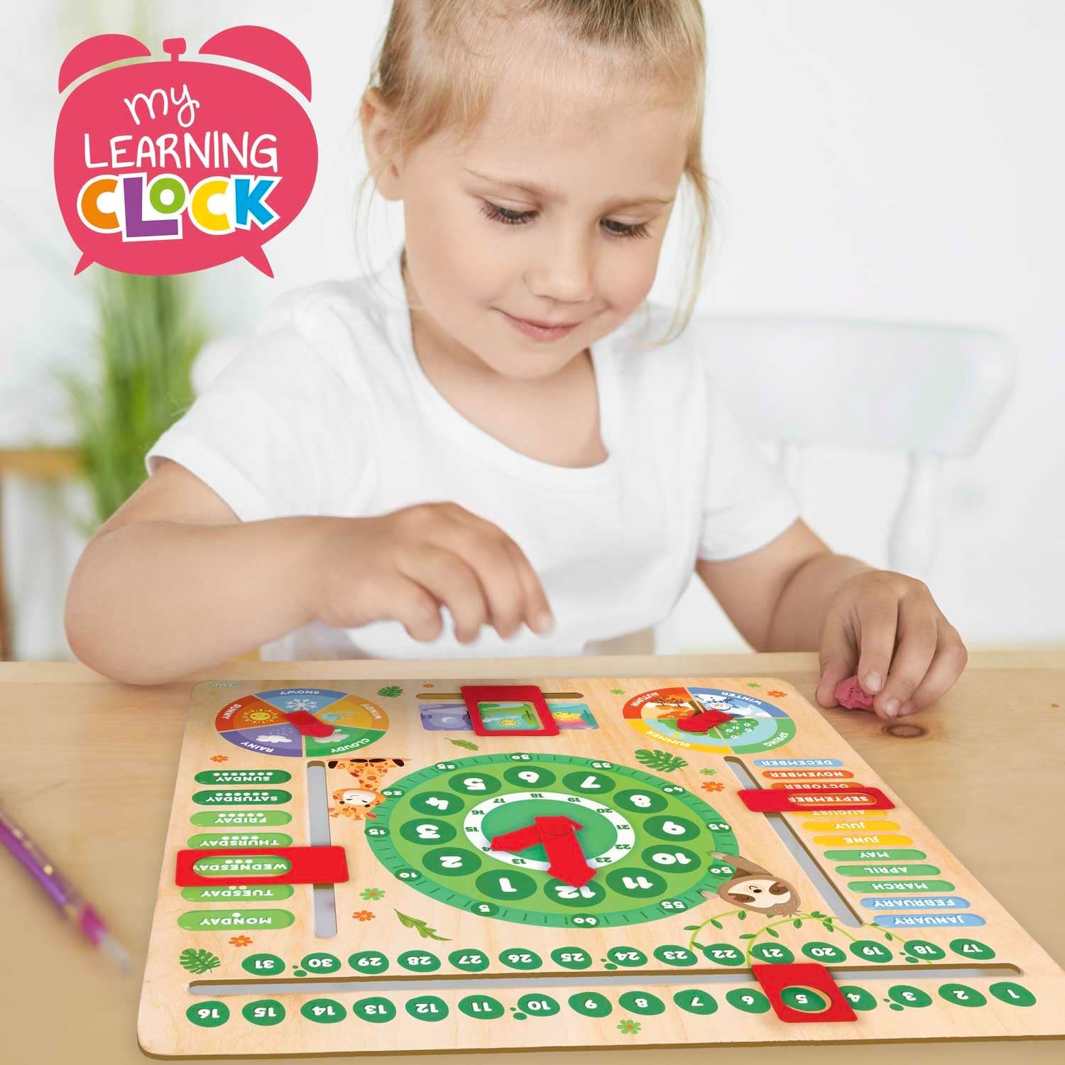 Detalle de CRAZE My Learning Clock Animals – Lernuhr aus Holz, grün, Lernhilfe für Kinder inkl. abnehmbarem Ständer