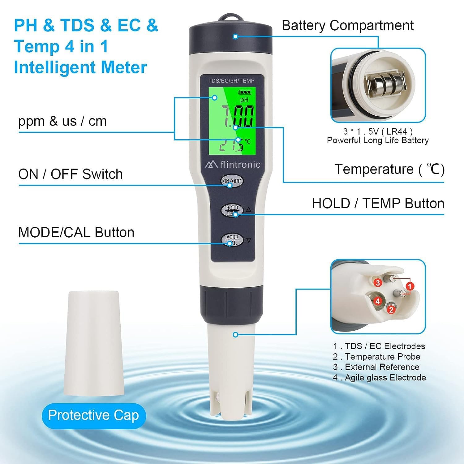 Detalle 2 de flintronic 4-in-1 pH/TDS/EC Messgerät mit Hintergrundbeleuchtung – PH Messgerät für Pool, Trinkwasser & Aquarium