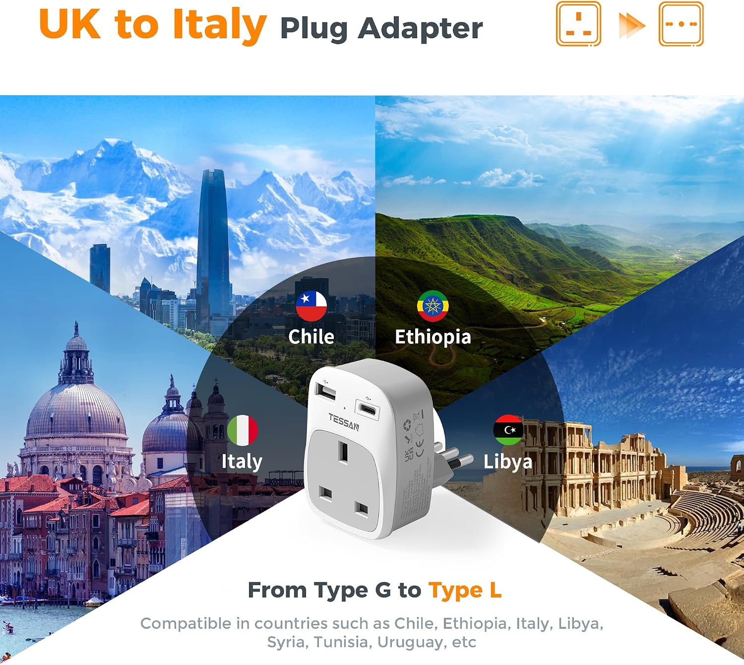Detalle 2 de TESSAN UK to Italy Plug Adapter with USB C