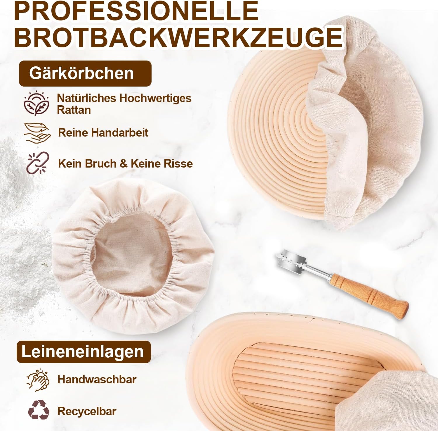 Thumbnail 2 de HELISAN 21-teiliges Sauerteig Starter Set mit 2 Gärkörbchen (23 cm rund & 25 cm oval) und 900-ml Glasgefäß