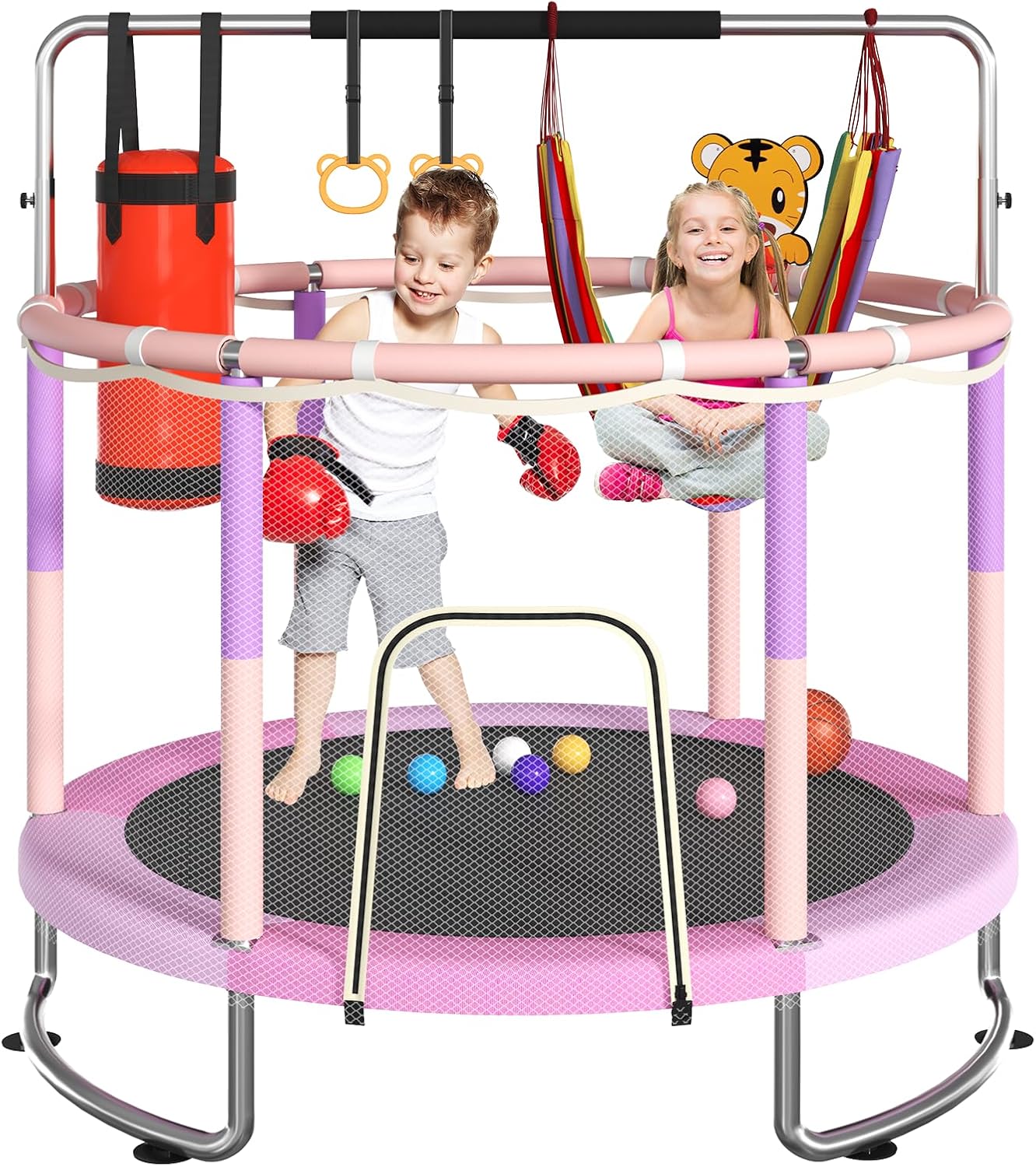 Trampoline for Kids (Ages 1-8) 55" Toddler Trampoline with Net, 440 lbs Weight Limit, Adjustable Gymnastics Bar & Accessories