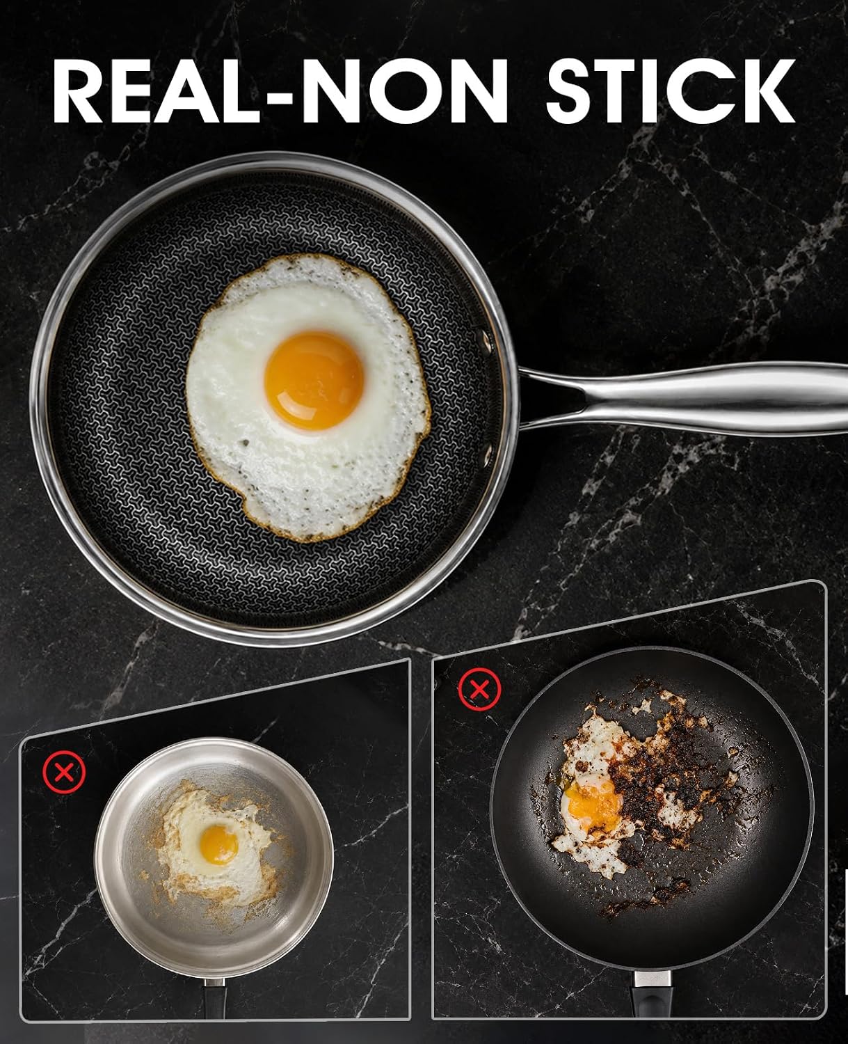 Detalle de USELUCK Hybrid Nonstick Frying Pan Set, 8/10/12-Inch, Induction Compatible