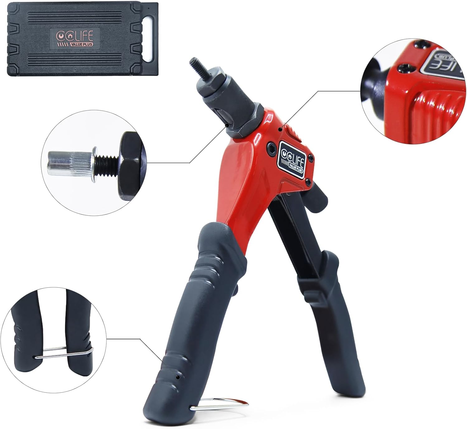 Detalle 2 de CCLIFE Rivettatrice Professionale per Inserti Filettati con 4 Mandrini Intercambiabili M3–M6 e 180 Dadi – Facile da Sostituire