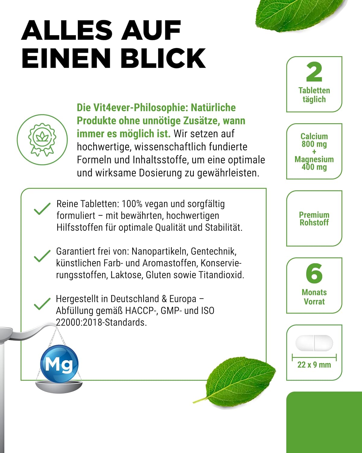 Detalle 2 de Calcium 800 mg + Magnesium 400 mg (2 Tabletten) - 365 Tabletten - 6 Monatsvorrat - Kalzium + Magnesium-Komplex im 2:1 Verhältnis - Vegan - Hochdosiert
Calcium 800 mg + Magnesium 400 mg (2 Ta…