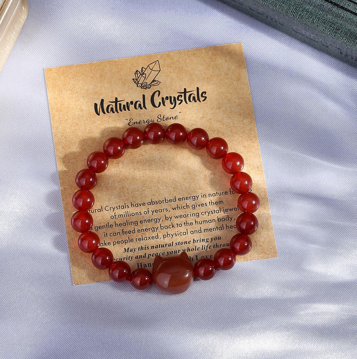Detalle de XIANNVXI Katzen Armband Damen – Kristallkarneol 8 mm, elastisch, Glücksvögeleinspiriertes Katzenmuster