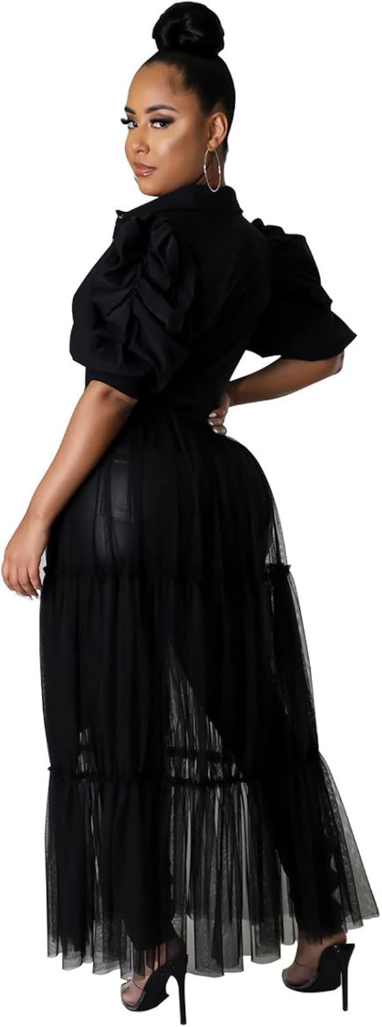Thumbnail 1 de Ekaliy Women Sexy Short Sleeve Bodycon High Low Asymmetrical Ruffle Tunics Blouse Top Dress