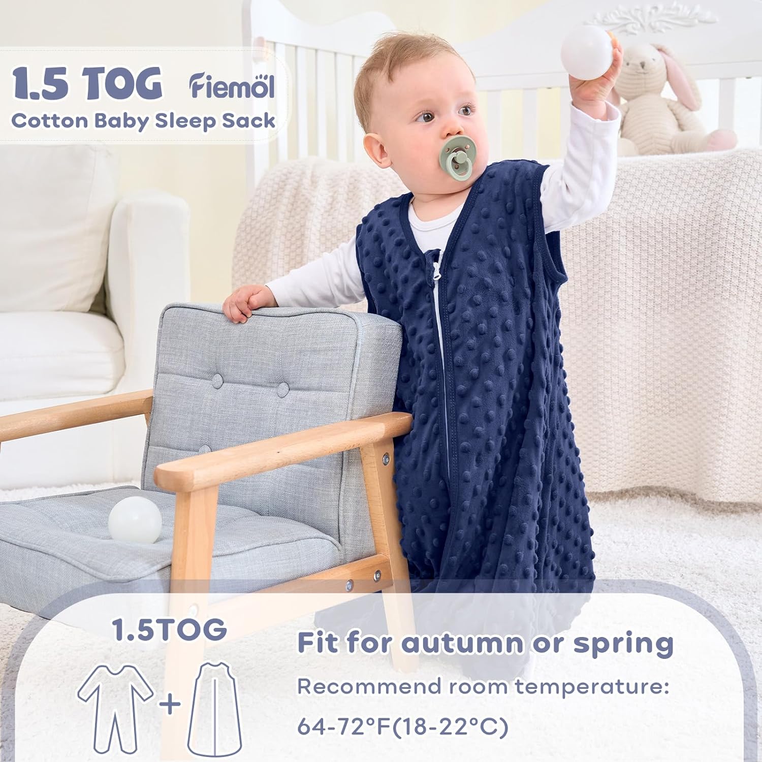 Detalle 1 de FIEMOL Schlafsack Baby 0–6 Monate 1,5 Tog mit Plüschpunkten (2er Pack, Blau & Grau, ärmellos)