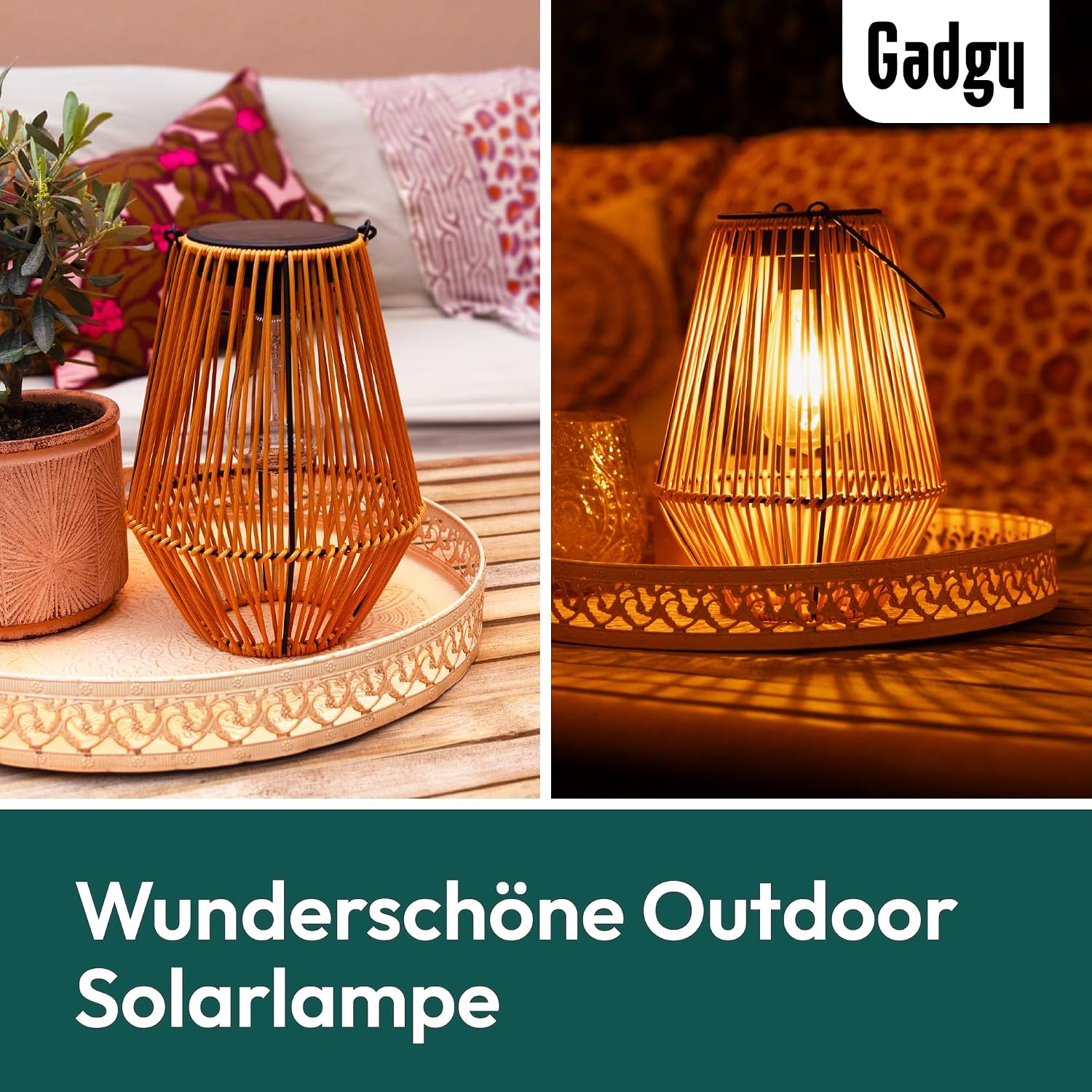 Detalle 2 de Gadgy Solarlampe für Außen Garten – wetterfeste Solar-Laterne in Rattan-Optik mit warmweißem LED-Licht
