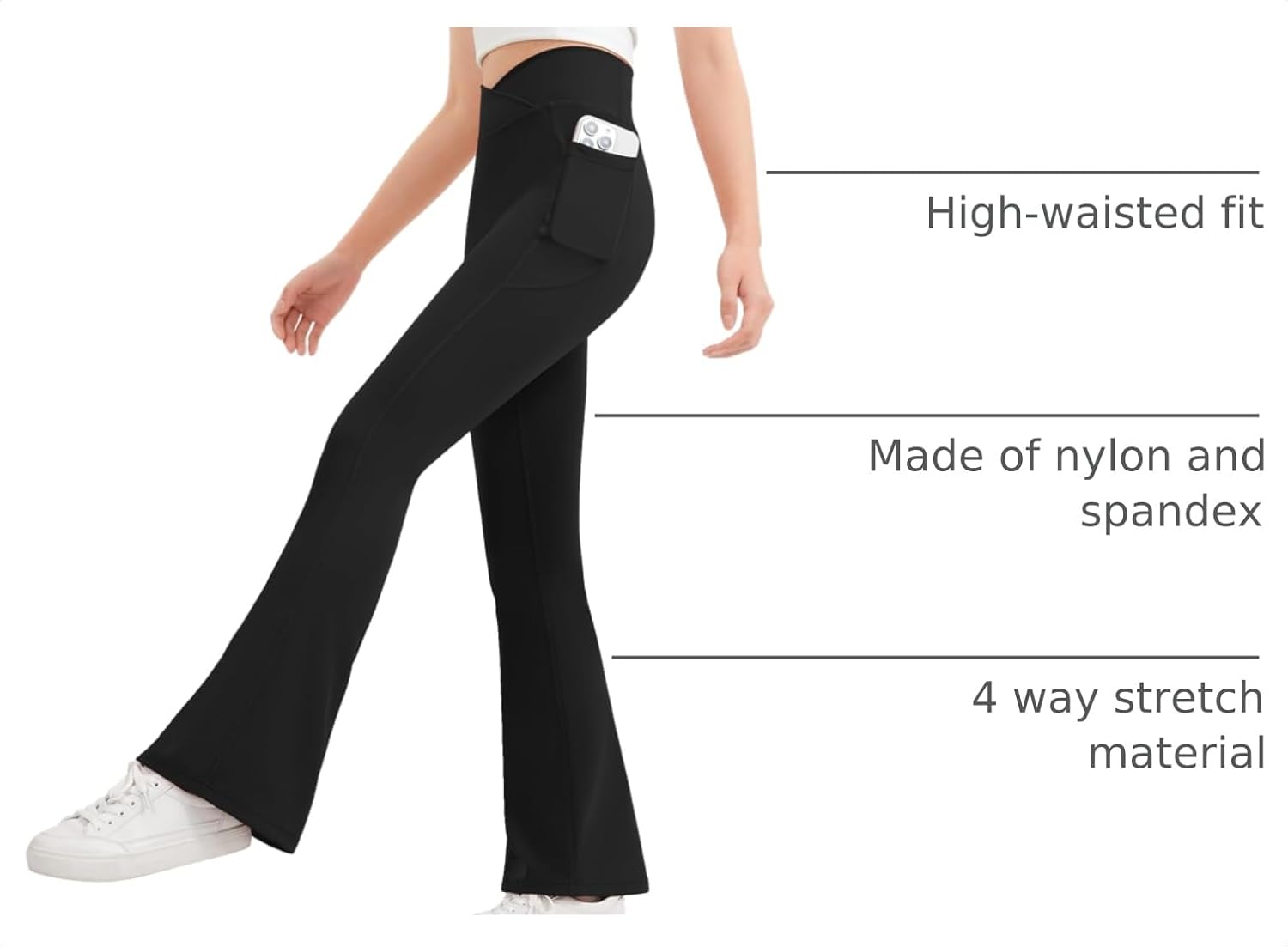 Detalle de JOCMIC Girls Flare Leggings (Kids Bell Bottom) – High-Waisted Yoga & Dance Bootcut Pants
