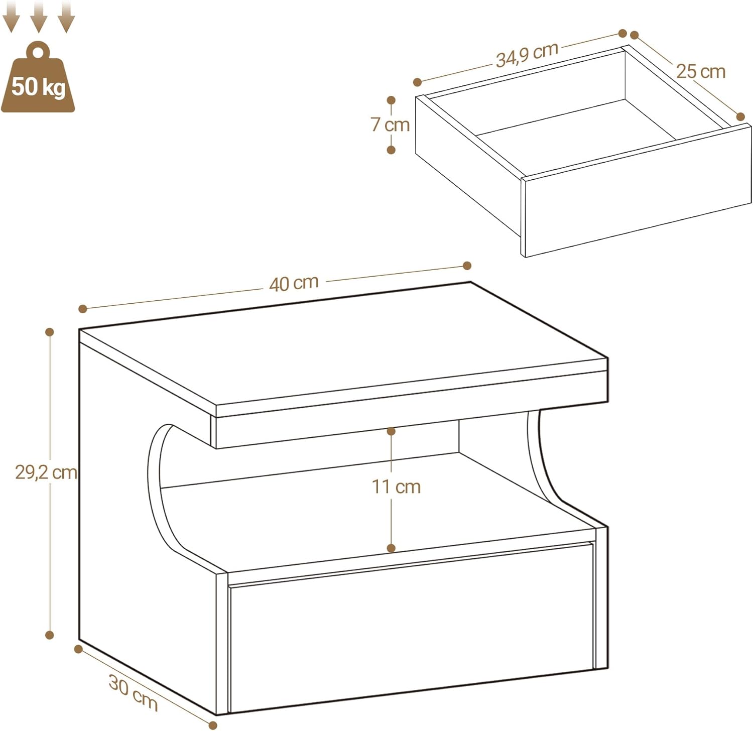 Detalle de Hzuaneri Table de Chevet Suspendue – Lot de 2, avec LED et tiroir coulissant (Blanc) NS50403XEU