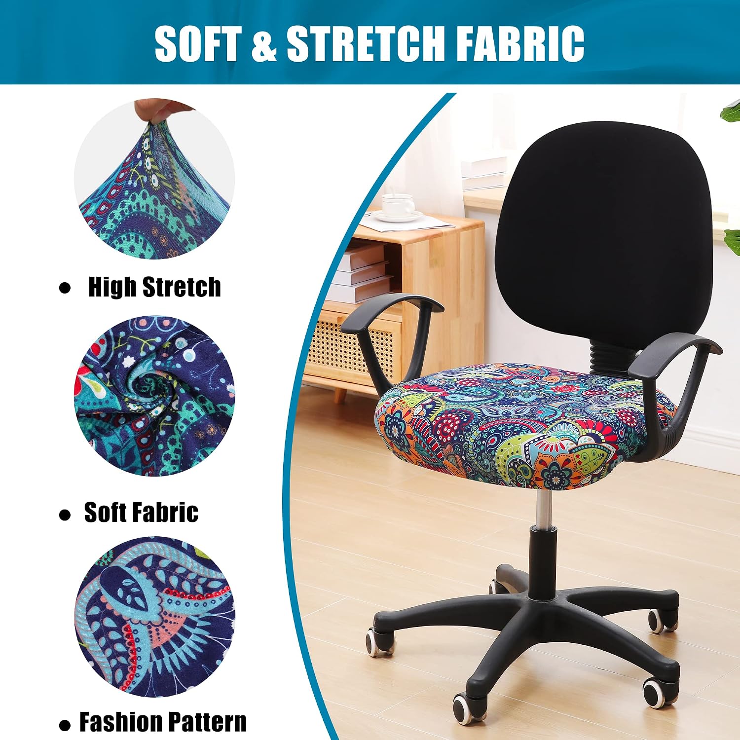 Thumbnail 5 de Smiry Stretch Printed Office Chair Cover, Blue-Green, Machine Washable