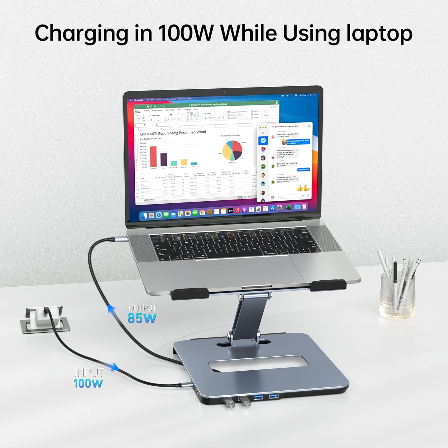 Detalle de BENFEI: Supporto per laptop in alluminio con docking 6 in 1 – HDMI 4K@60Hz, 4x USB 3.0, 100W PD